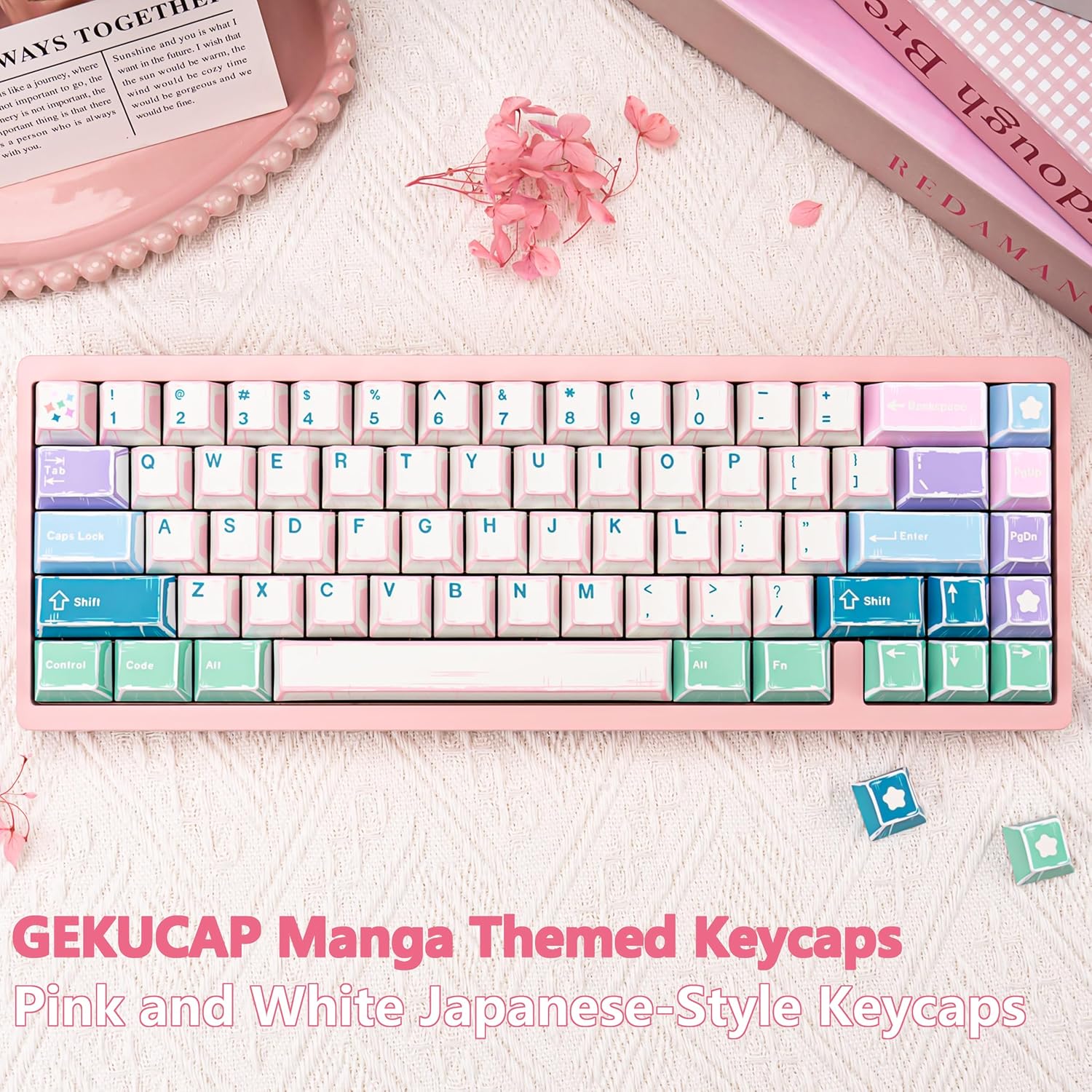 PBT Keycaps - 153 Keys, Cherry Profile Dye-Sublimation, Manga Japanese Theme Pink Keycaps Anime Cute Custom Keycap Set for Cherry Gateron MX Switches Mechanical Keyboards