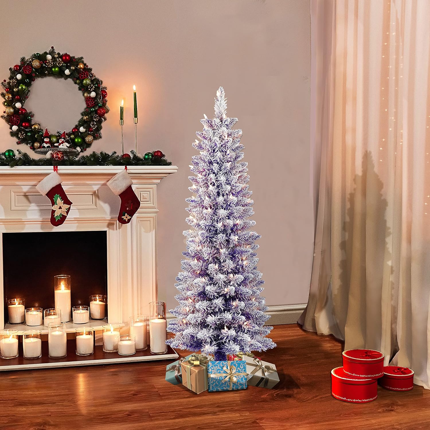 Puleo International Pre-Lit 4.5' Flocked Pencil Artificial Christmas Tree with 100 Lights, Purple