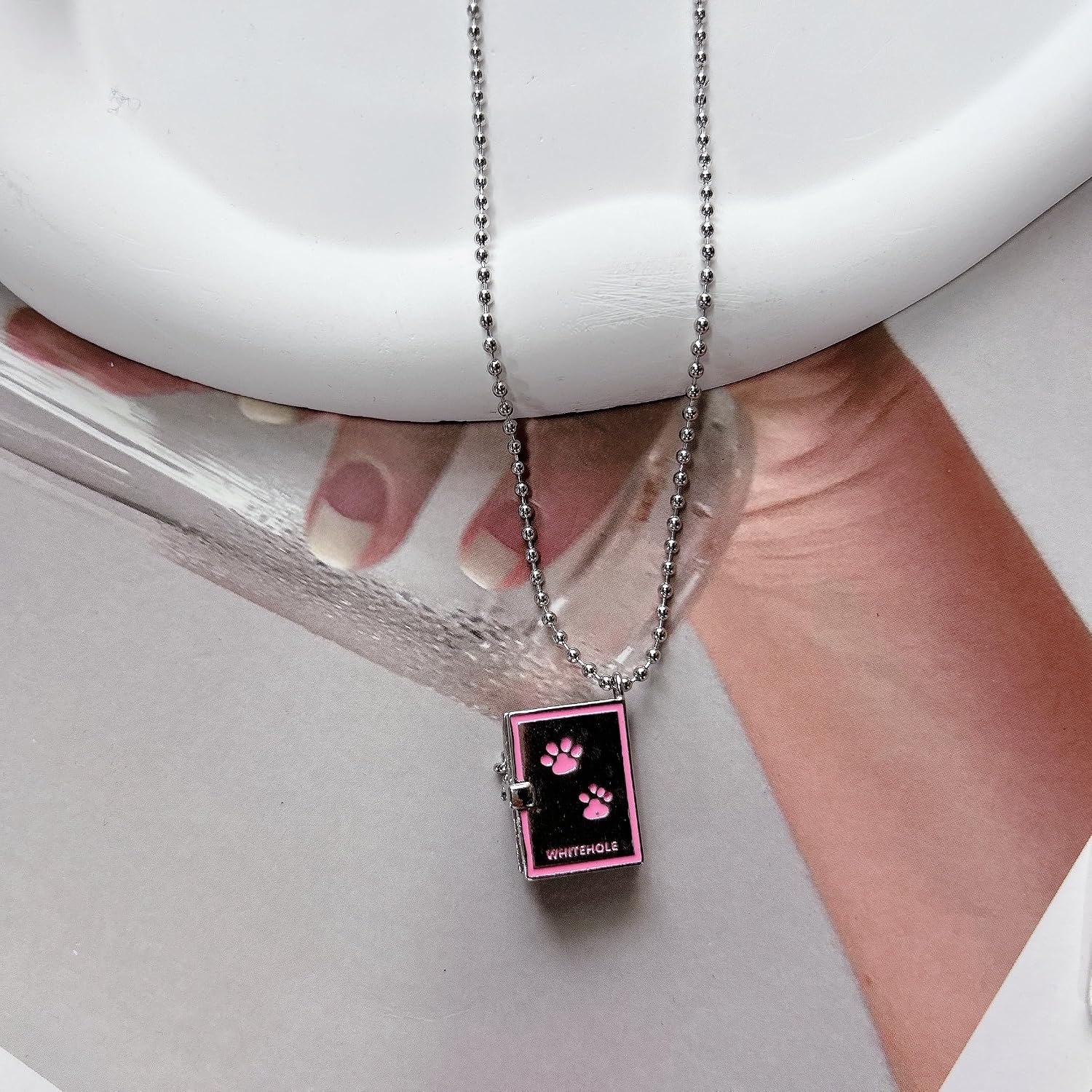 Puppy Diary Locket Necklace For Women Cute Dainty Silver Square Pendant Pink Paw Prints That Hold Picture Photo Lockets Ball Chain Necklaces Jewelry Birthday Gifts