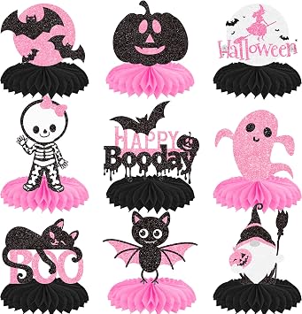 12pcs Halloween Party Honeycomb Centerpieces Black Pink Ghost Centerpieces for Table Boo Pumpkin Bat Witch Theme Decorations for Halloween Happy Boo Day Baby Shower Supplies