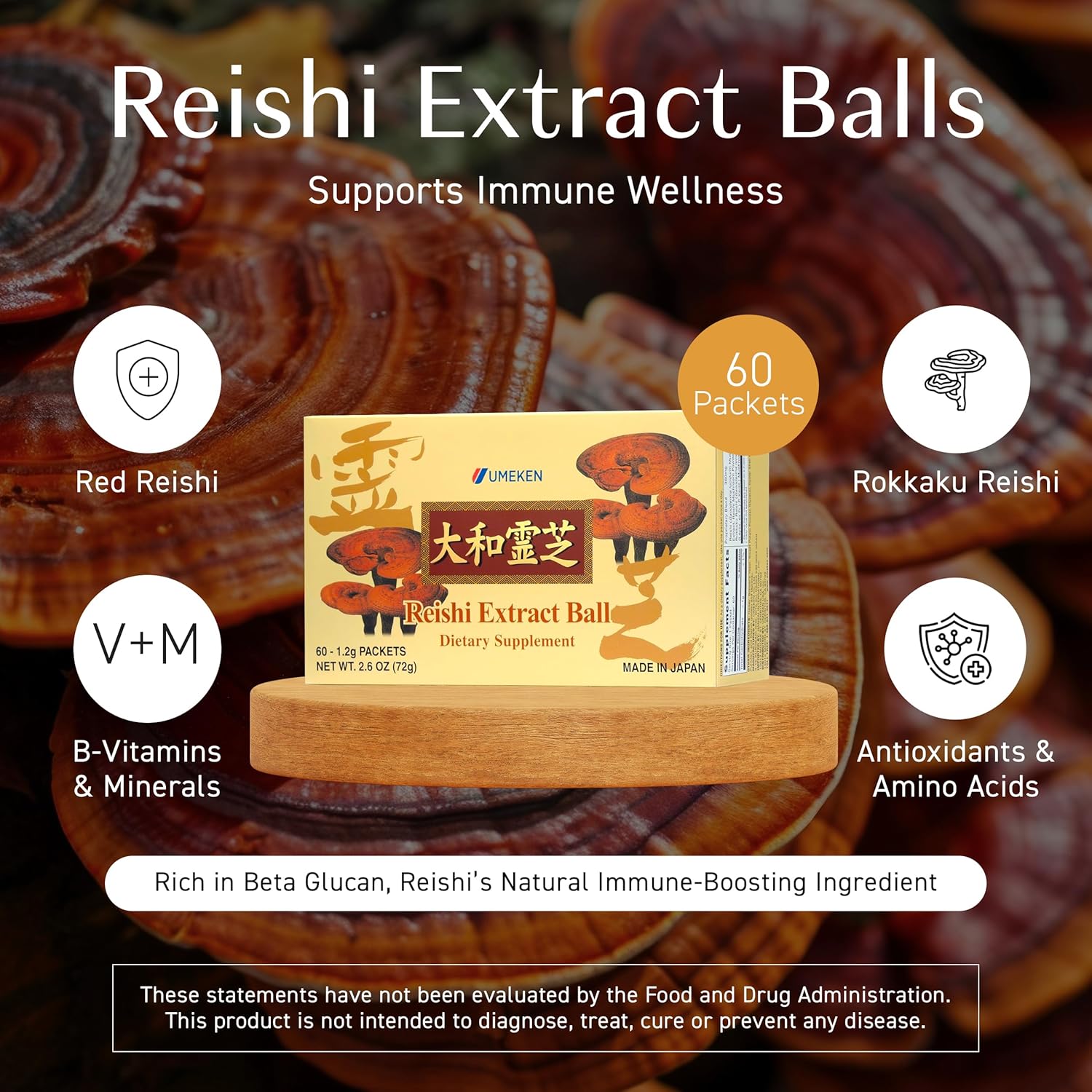 Umeken Reishi Mushroom Extract Balls, Concentrated, Japanese Reishi Mushroom Supplement with Beta Glucan, Concentrated in Ball Format, 2 Month Supply, 60 Packets, Pack of 1 - Image 2