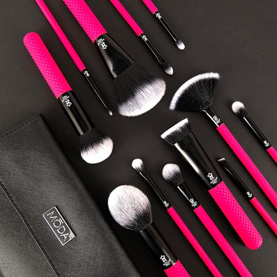MODA Pro Full Face 13-Piece Pin Makeup Brush Kit Professional Face & Eye Brush Set with Travel Wrap