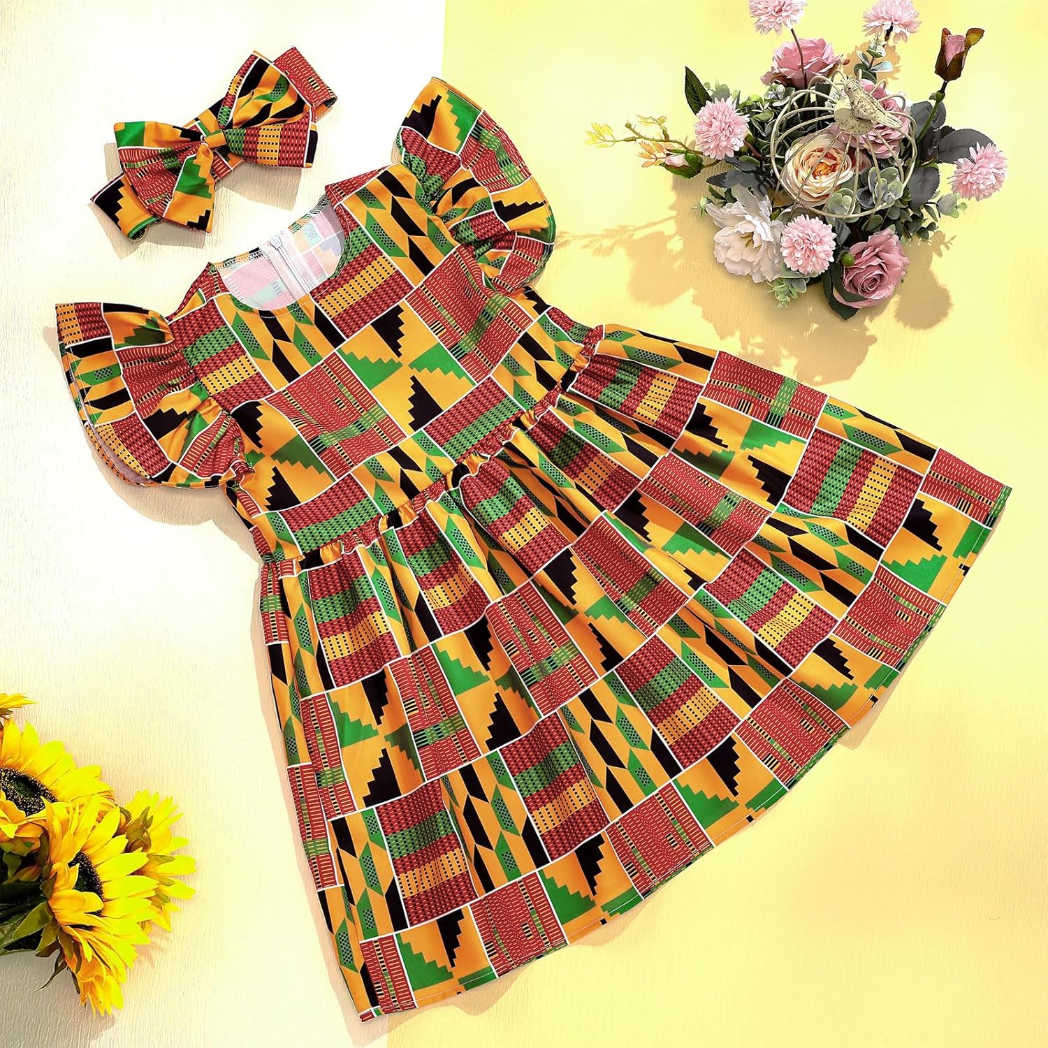 Haysandy 2 Pcs African Toddler Girl Dashiki Ankara Outfit African Dashiki Dress Headband Set Print Summer Party Clothes - Image 3