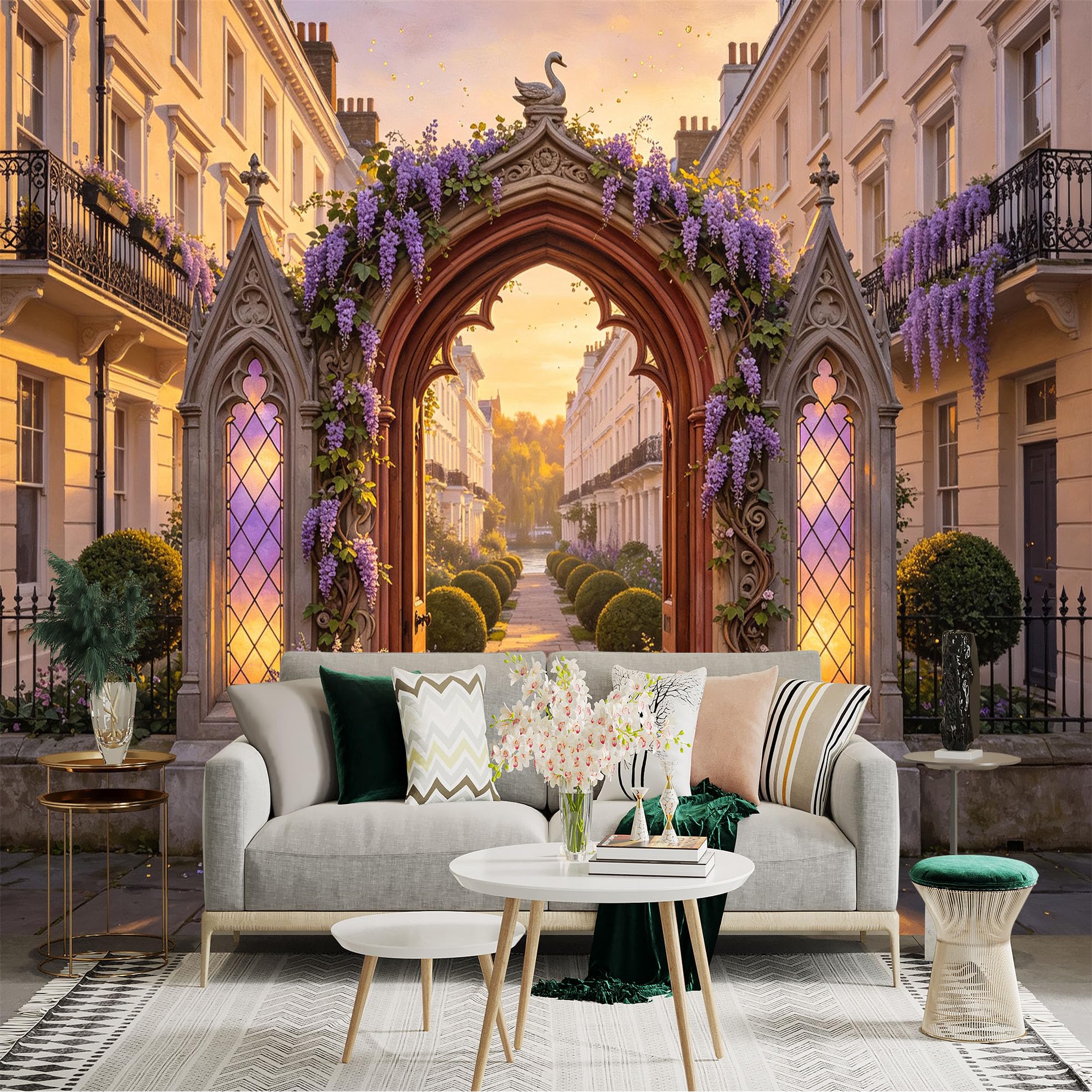 Custom Size Wall Sticker Mural， Vintage Floral Archway， Sunset Courtyard Path， Swan and Purple Blossoms， for wall Decoration， peelandstick wall Decals.