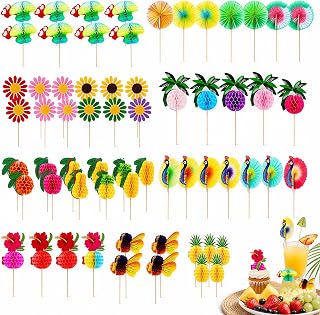 90PCS [9 Styles] 3D Cupcake Toppers, Tropical Honeycomb Cake Food Picks Party Cocktail Decoration with Bees Pineapple Palm Tree Flower Picks, Summer Hawaiian Luau Party Supplies for Birthday