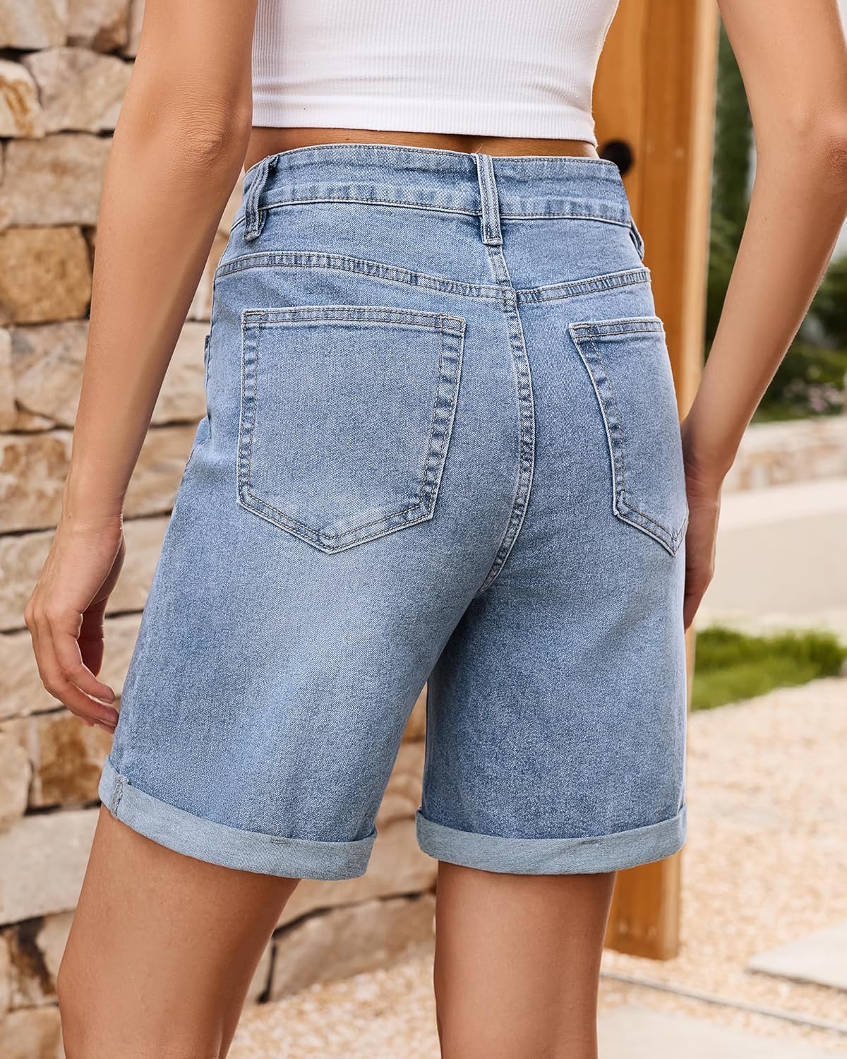 Utyful Jean Shorts for Women High Waisted Mid Thigh Fold Hem 7 Inch Inseam Stretchy Long Denim Shorts Casual Summer Jorts - Image 2