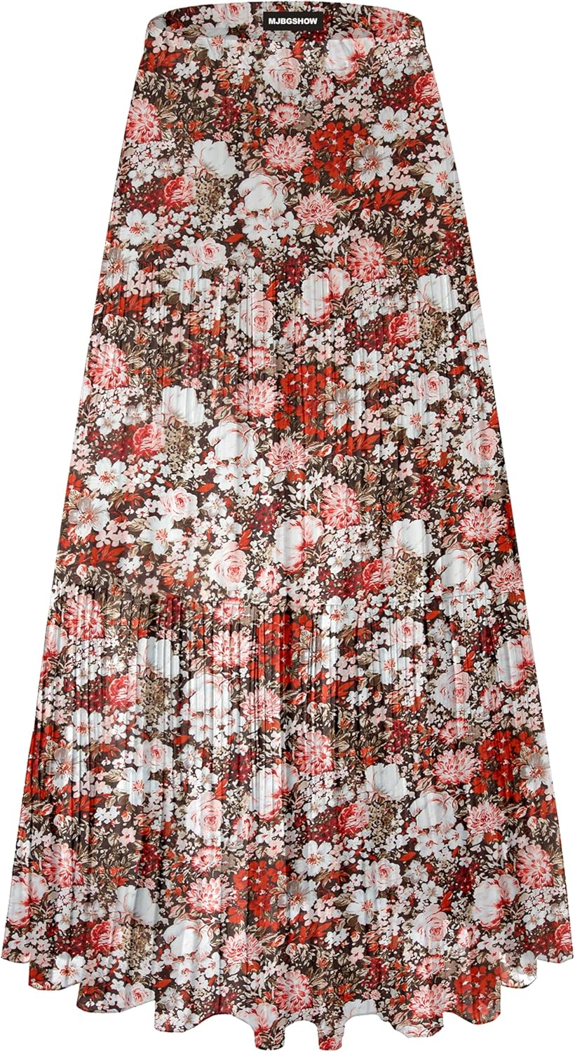 Womens Floral Long Skirts Chiffon Flowy Maxi Skirt High Waist Pleated Casual Boho Skirt