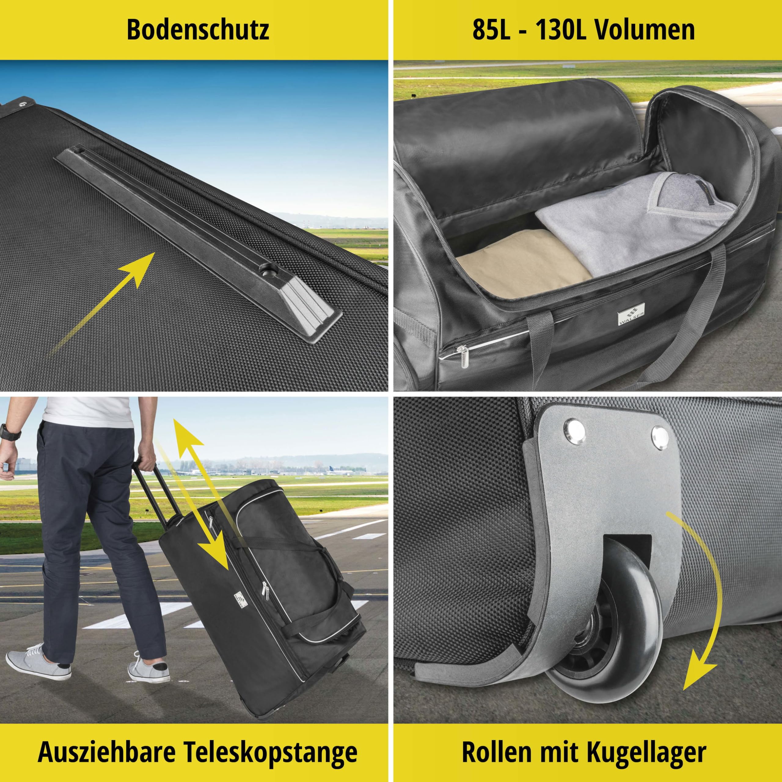 Walser Trolley Bag, Carbags Reisetasche, Handgepäck Koffer, Sporttasche Trolleyfunktion, Reisetrolley Rollkoffer schwarz-Silber 115L - 70x30x40cm
