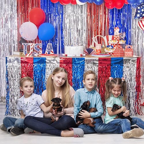 Miniatura 6 de LOLStar Decoraciones del 4 de julio, paquete de 2 faldas de mesa con flecos metálicos ondulados rojos, blancos y azules para mesas rectangulares y