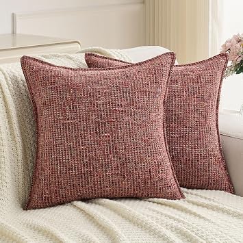 FUTEI Pack of 2 Tweed Chenille Throw Pillow Covers 24x24 Inch, Burgundy | Premium Chenille Front/ Smooth Velvet Back,Hidden Zipper,Machine Washable,Pilling-Resistant,Colorfast, Insert Not Included.