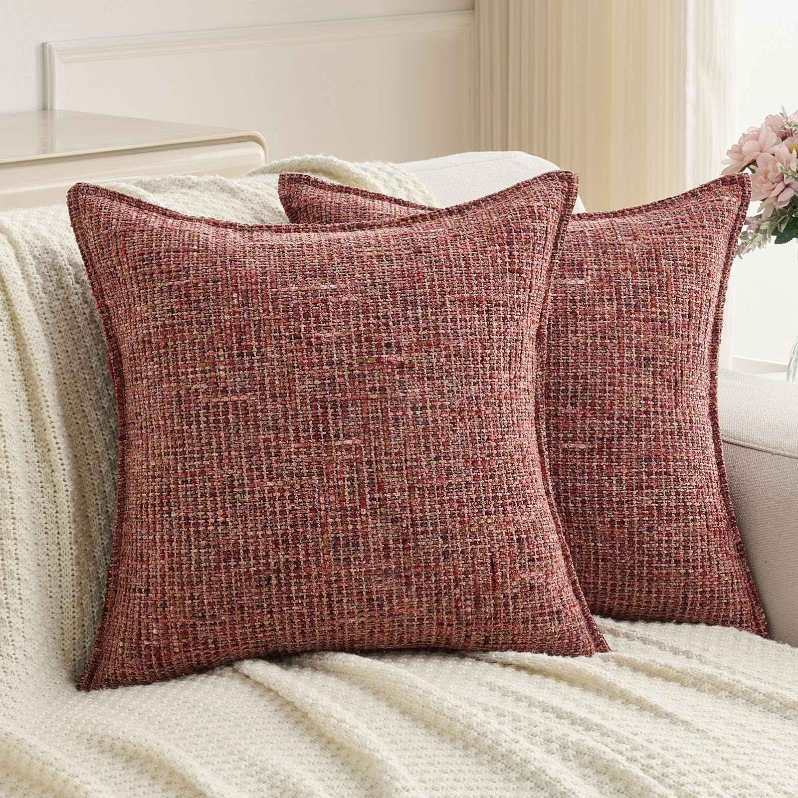 FUTEI Set of 2 Soft Tweed Chenille 40x40 cm Cushion Covers Farmhouse Micro-Check Textured Scatter Pillow Covers 40 x 40 cm Vintage Accent for Sofa Bed Living Room, Burgundy — image 1