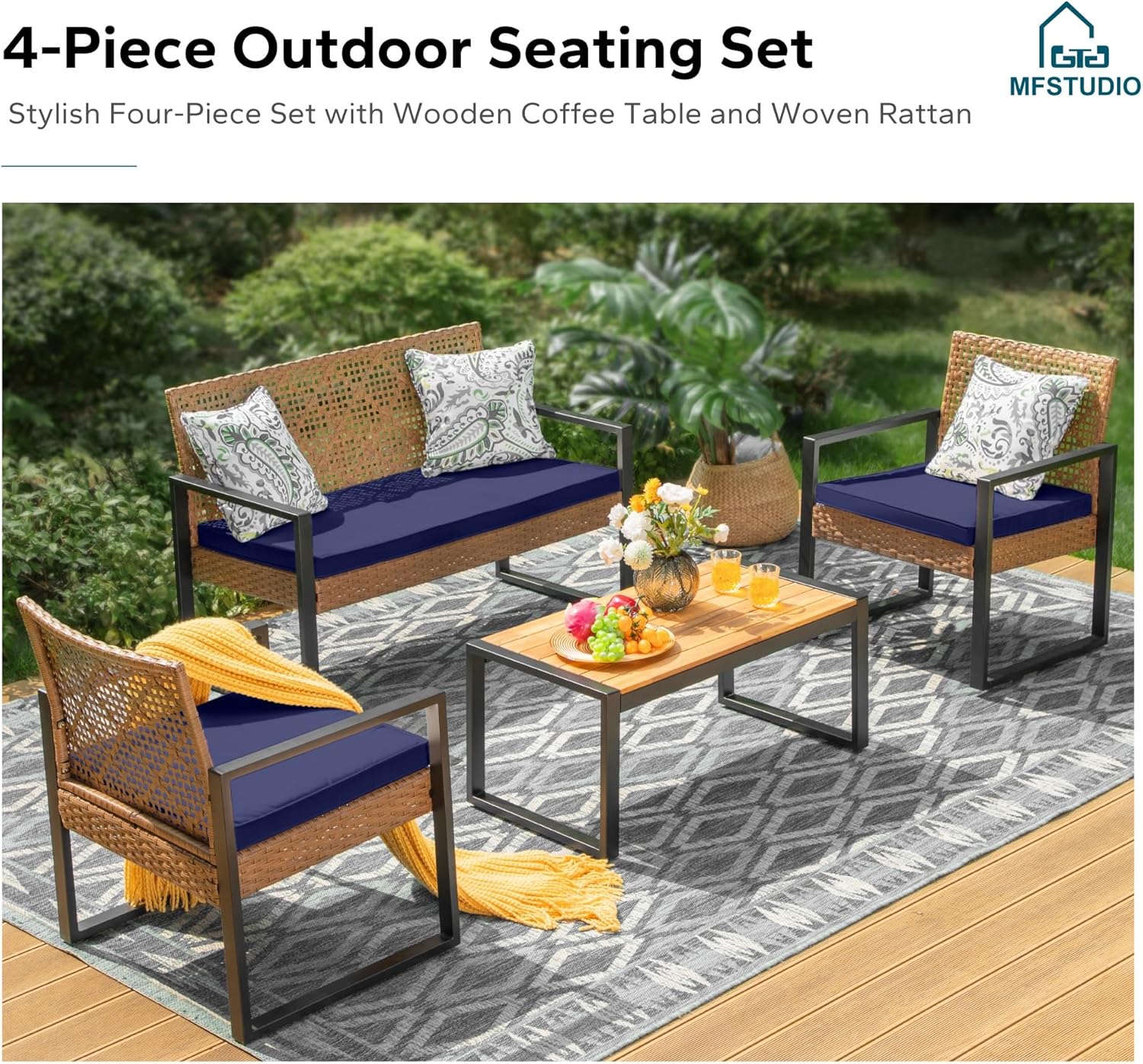 MFSTUDIO 4 Piece Wicker Patio Furniture Set, Small Patio Sofa with Loveseat & Chaise & Acacia Wood Table, Outdoor Rattan Sectional Furniture Set for Porch, Backyard, Blue