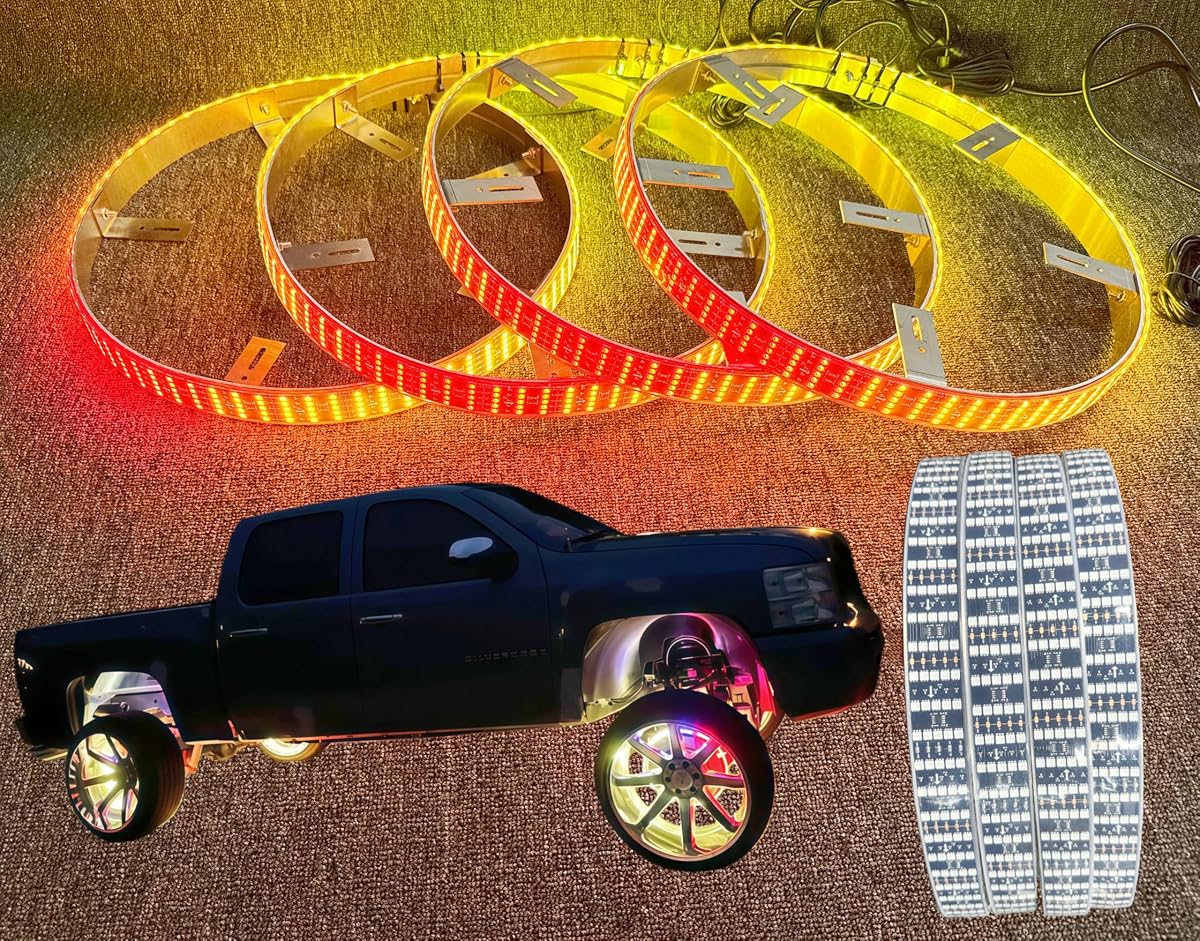 4PCS 15.5Inch 5-Row Dream Color Wheel Rim Lights 12V Tire Rings | 5 Row RGB Chasing Rings Light for Car Truck Brightest Five Rolls Off-Road SUV Pickup Dynamic Turn Signal Brake Reserve