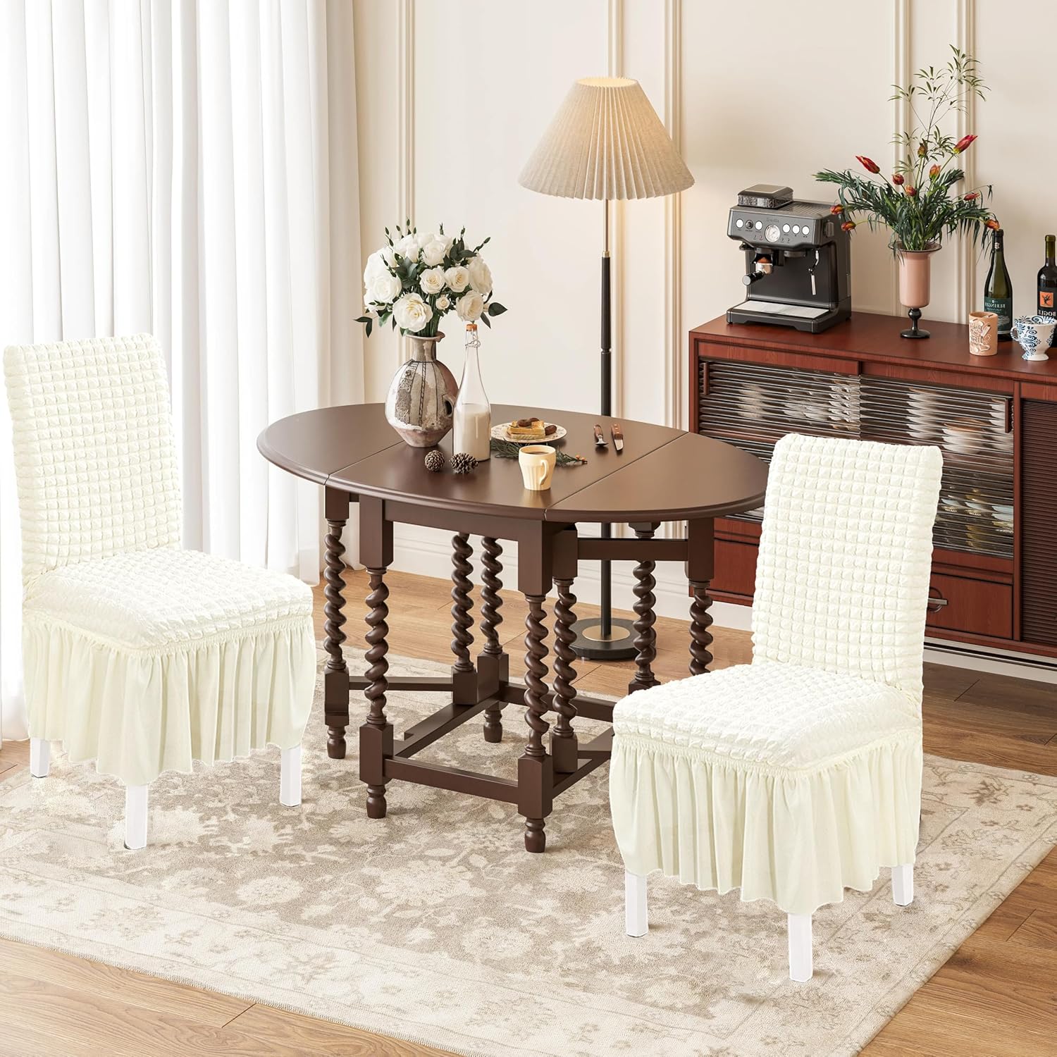 Elastic Dining Chair Covers 4 Pack - Stretch Washable Chair Slipcovers with Skirt Universal Fit for Home, Party for Kitchen, Holiday Decor (Ivory, 4 Pack)