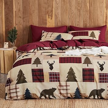 Wake In Cloud - Rustic Duvet Cover Set, Cabin Western Christmas Holiday Country Theme with Bear Deer Lodge Patchwork, Soft Lightweight Bedding, 3-Piece, Burgundy Brown, King Size