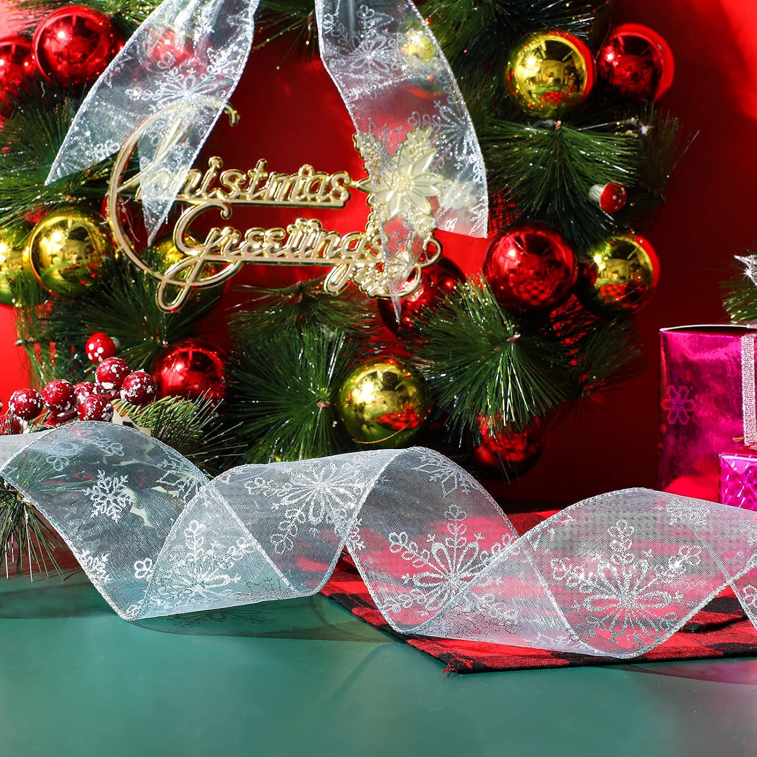 6.3 cm in Width Organza Ribbon Snowflake Wired Sheer Glitter Ribbon with Spool for Gift Wrapping, Christmas Party Decoration (Light Blue, 20 m)