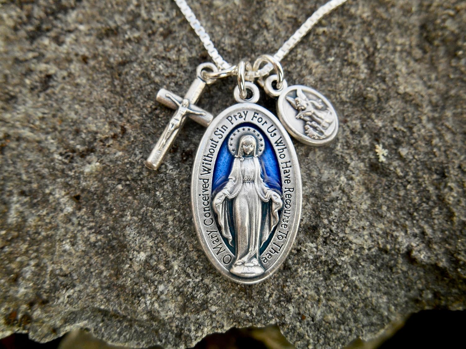 Dark Blue Enamel Miraculous Medal Necklace, Virgin Mary Miraculous Medal, 18" Sterling Silver Box Chain, Alloy Medals, Virgin Mary Medallion, St. Michael/Guardian Angel Charm - Image 6
