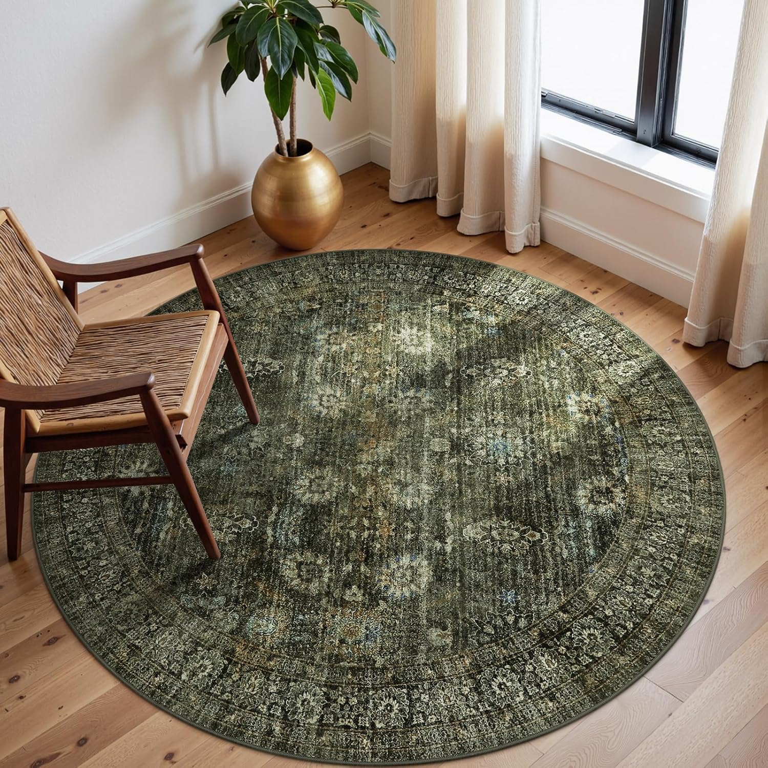 Green Boho Washable 5FT Round Living Room Rug,Vintage Circle Rug for Bedroom Dining Room Rugs Non Slip,Circular Oriental Throw Carpet for Bathroom Kitchen Entrance (5FT Round Dusty Green) 5' (Round) Green