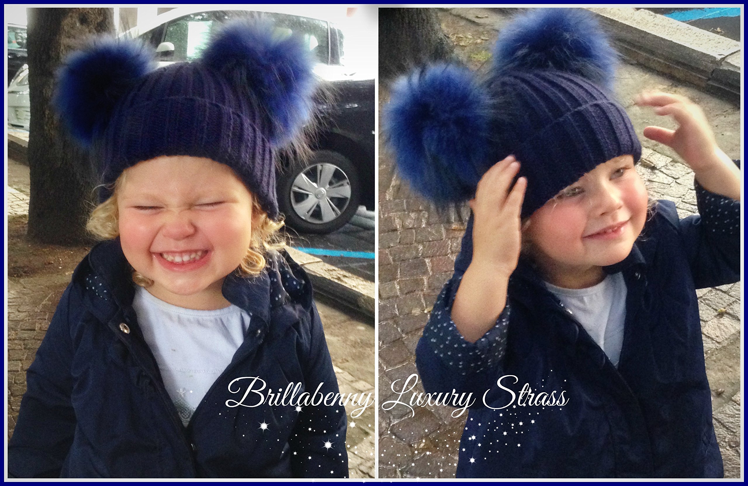 Cappello Cuffia Bambino Blu Navy 2 PON PON Vera Pelliccia 1-3/4 Anni Berretto Misto Lana Luxury Blue