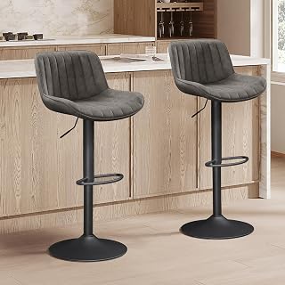 Zouron Juego de 2 Sillas de Comedor Sillas de Cocina Taburete de Bar Vintage, Altura Ajustable y 360° Giratorio Superficie de PU con Reposapiés y Respaldo, Gray