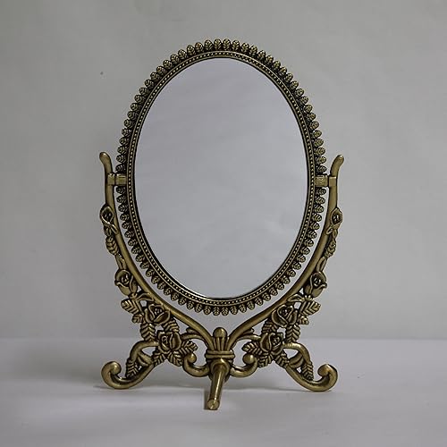 Miniatura 3 de SEHAMANO - Espejo de mesa de maquillaje con patrón de rosas antiguas en relieve, espejo decorativo ovalado, espejo de doble cara con marco de metal