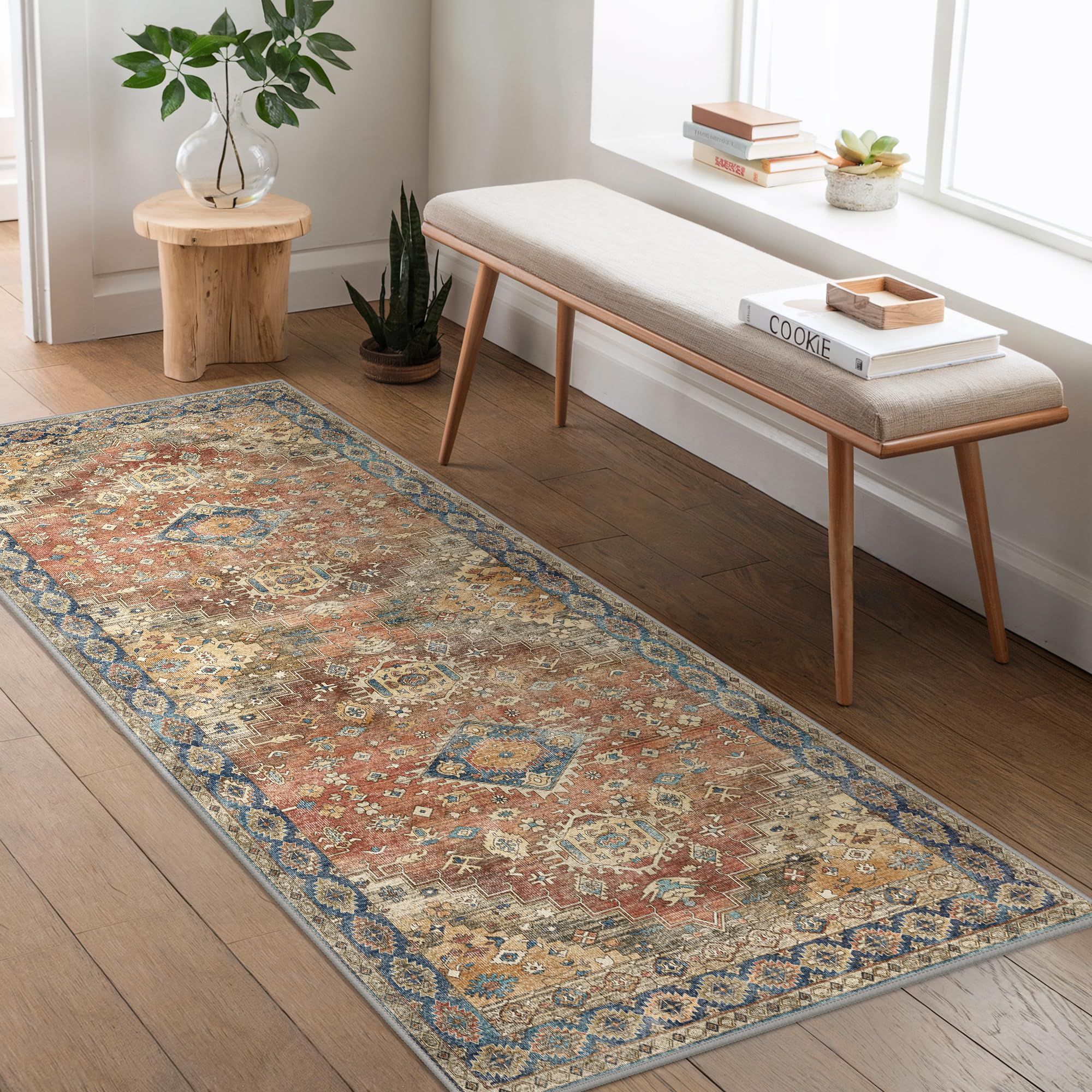 BEIMO Runner Rugs for Hallway 80x150cm, Non-Slip Extra Long Washable Rug Soft Low Pile, Nursery Rug Boho Design Carpet Runners for Entryway Kitchen Laundry Room, Traditional Distressed Rusty Red