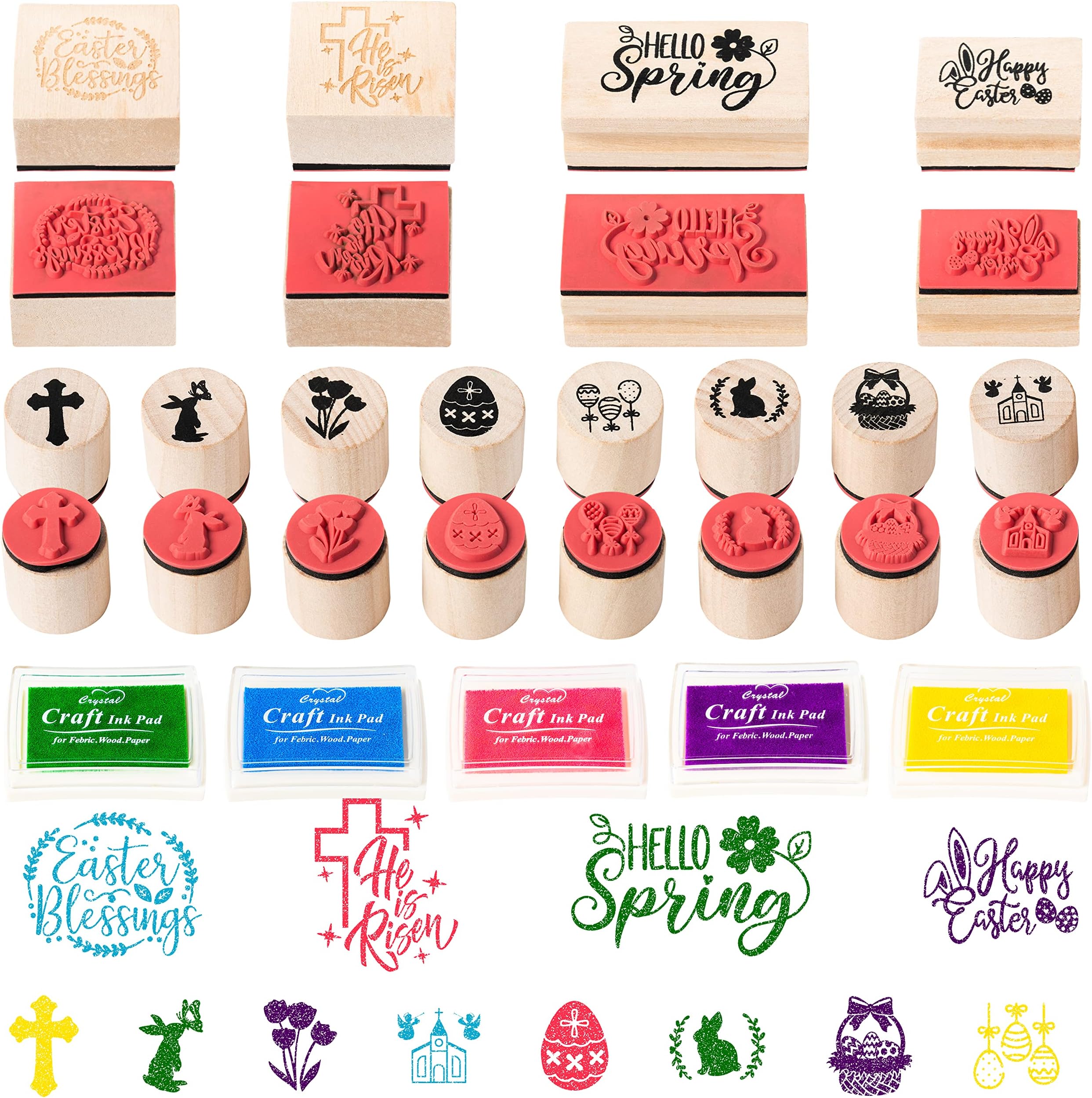 MALLMALL6 17Pcs Easter Wooden Rubber Stamper Craft with Ink Pads Easter DIY Craft Gift Card Wood Rubber Stamps Printed with “He is Risen” “Bunny” “Easter Egg” “Spring” Easter Day Stamp for Scrapbook