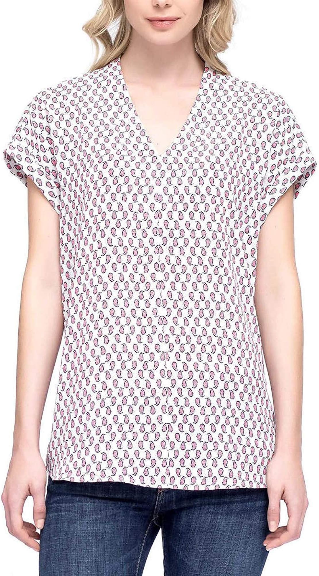 Sleeveless Button Down Henley Blouse Print Shirt with Front Chest Pocket (Ivory Dotted Balloon, Small)