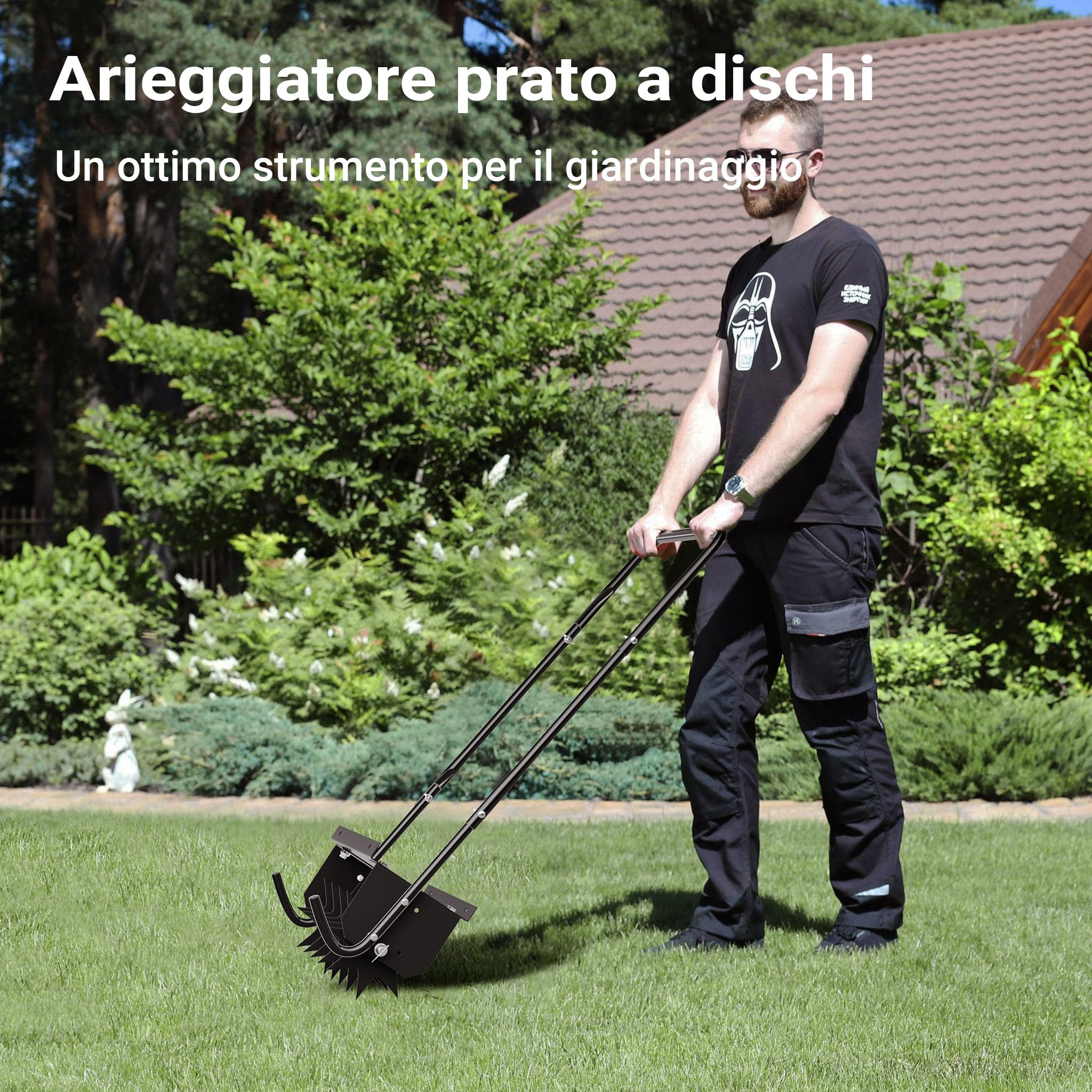 Wiltec Arieggiatore prato a dischi, 44 x 20,3 x 100 cm cm manuale, con ripiano porta pesi, Aeratore prato giardino