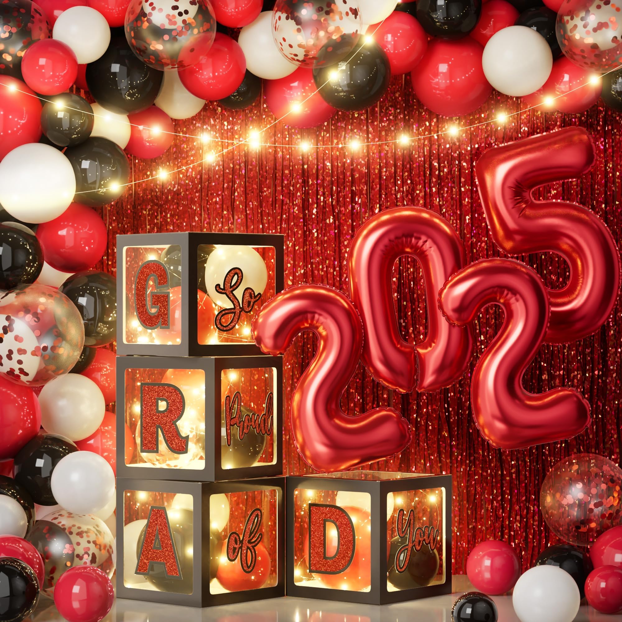 Ecomore Graduation Party Decorations Class of 2025-86 PCS Grad Party Supplies Includes LED Light Strings Balloon Block Boxes with Letters Foil Curtains Backdrop 2025 Balloon Garland Kit - Black Red