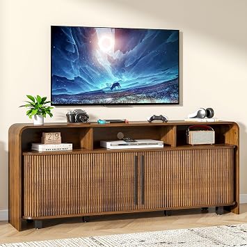 Walnut TV Stand for 65 70 75 Inch TV, Fluted Mid Century Modern TV Console with Sliding Doors, 63 Inch Entertainment Center Media, Adjustable Shelves, Living Room, Bedroom