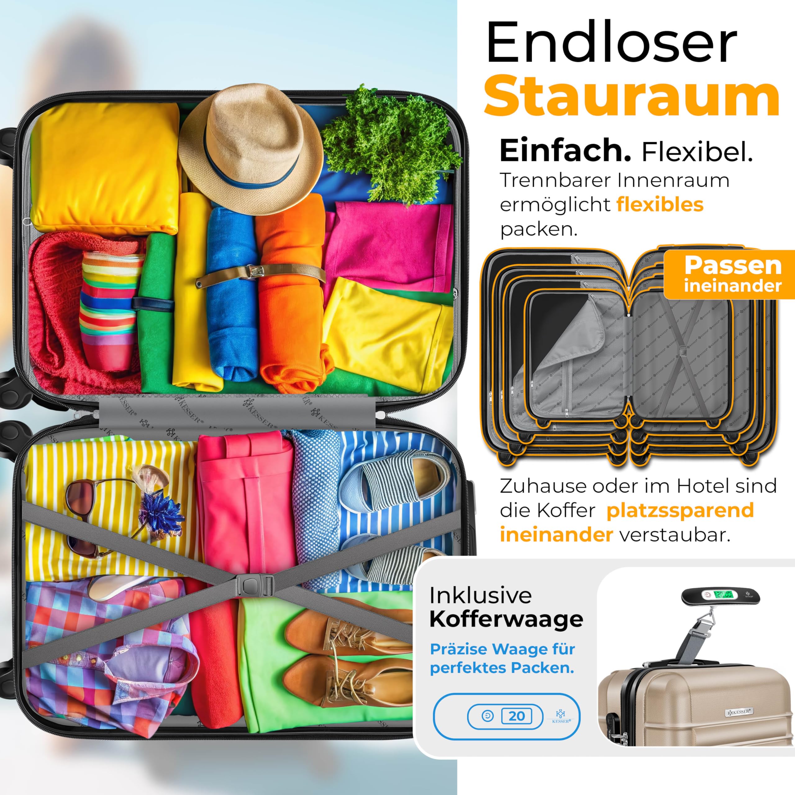 KESSER Reisekoffer 120L Hartschalen Trolley ABS-Hartschale Zahlenschloss 4 Rollen Teleskopgriff 75x50x32cm Champagne