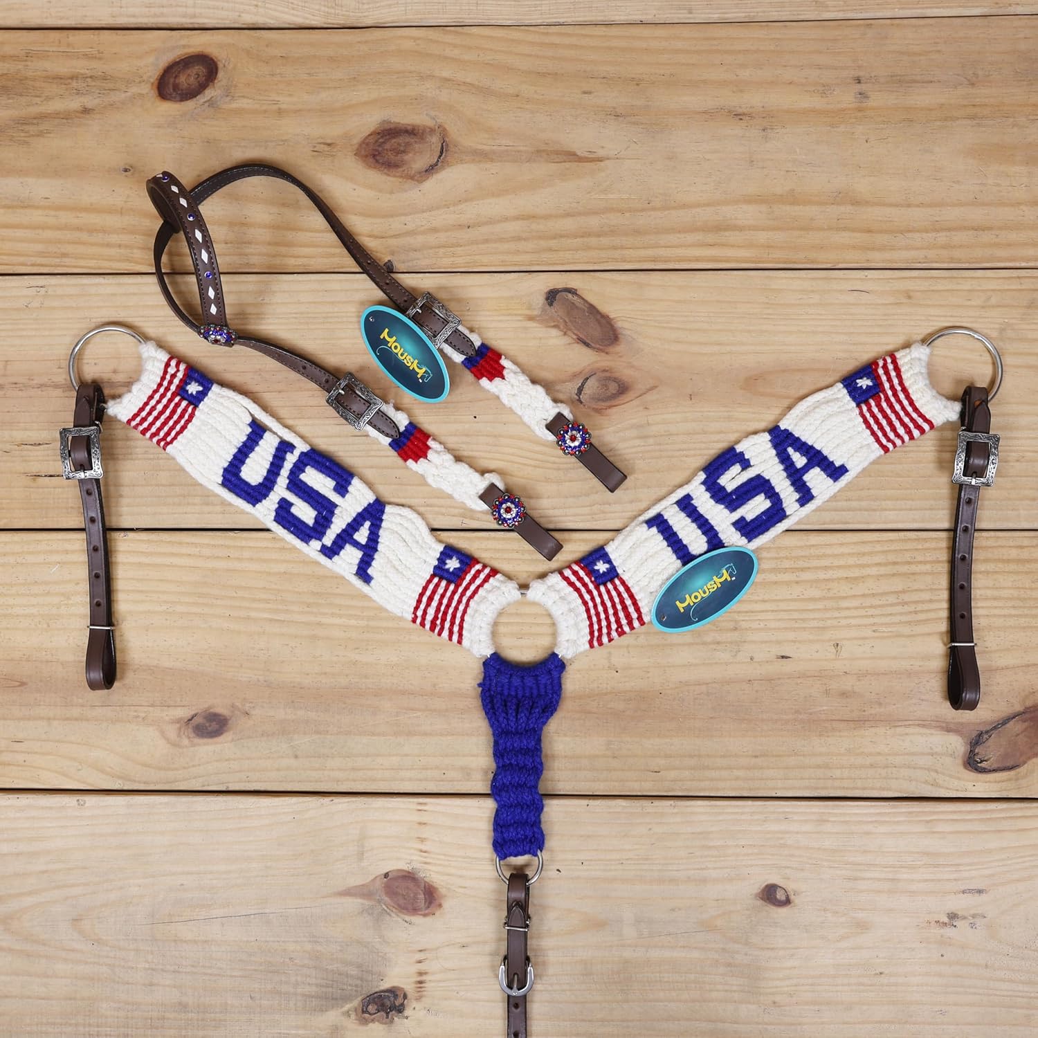 USA Braided American Flag Mohair Western Headstall Tack Set with 32” Front Girth – Red, White & Blue on Argentina Leather – Complete 5-Piece Set – Antique Copper Hardware – Handcrafted
