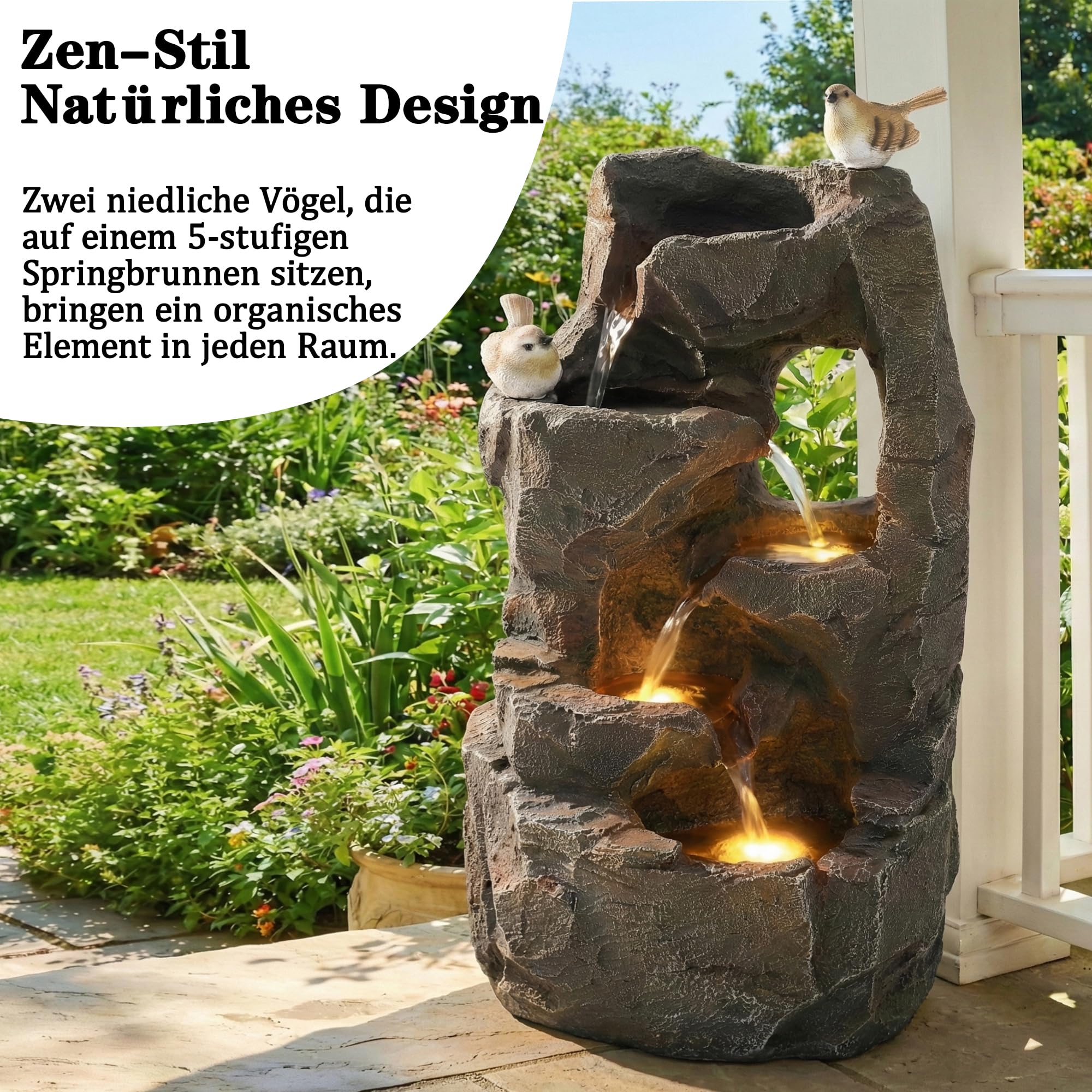 Merax Gartenbrunnen mit LED Beleuchtung, Moderner Standbrunnen für Garten, Terrasse, Balkon & Rasen, Steinoptik, Natürlicher Stil, 47cm Springbrunnen Wasserspiel Kaskade, Polyesterharz, Steingrau