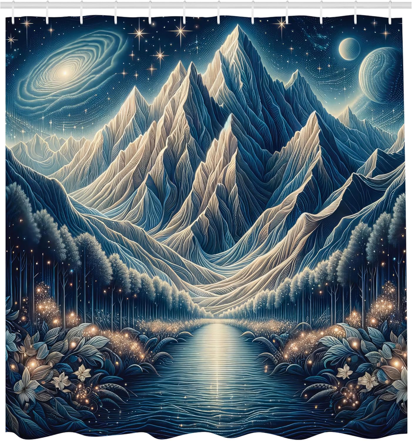 Ambesonne Abstract Mountains Shower Curtain, Dreamy Night at Woodland Astro Sky River Through Symmetry, Cloth Fabric Bathroom Decor Set with Hooks, 69" W x 84" L, Night Blue and Coconut