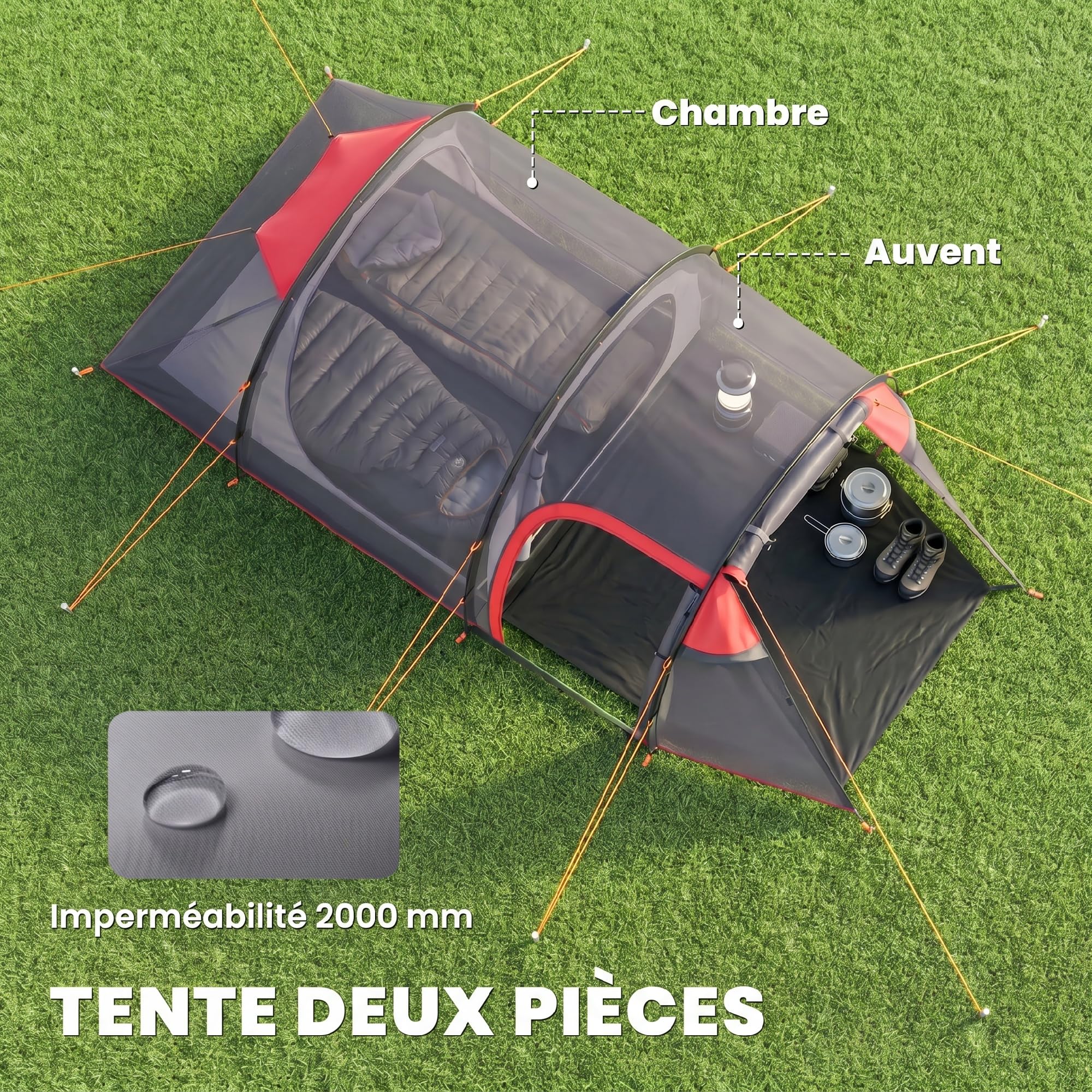 Outsunny Tente de Camping familiale 2 Personnes Tente Tunnel ventilée Facile à Monter Chambre Salon 3 Portes fenêtres 4,26 x 2,06 x 1,54 m Fibre Verre Polyester PE