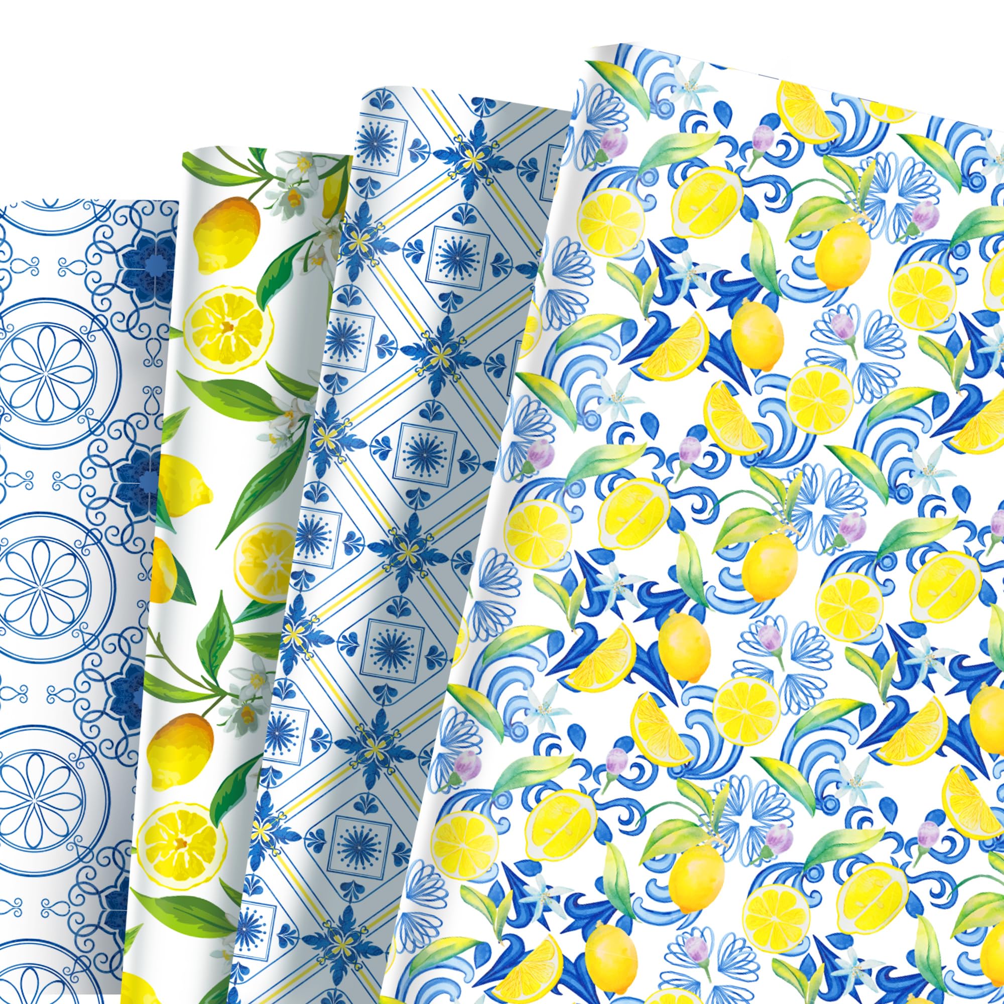 12-Sheet Chinese-Style Lemon Wrapping Paper Set | Watercolor Blue Tile and Yellow Lemon Pattern, Perfect for Summer Gift Wrapping, Diy Crafts, Weddings and Birthdays. (Lemon Yellow Blue color)