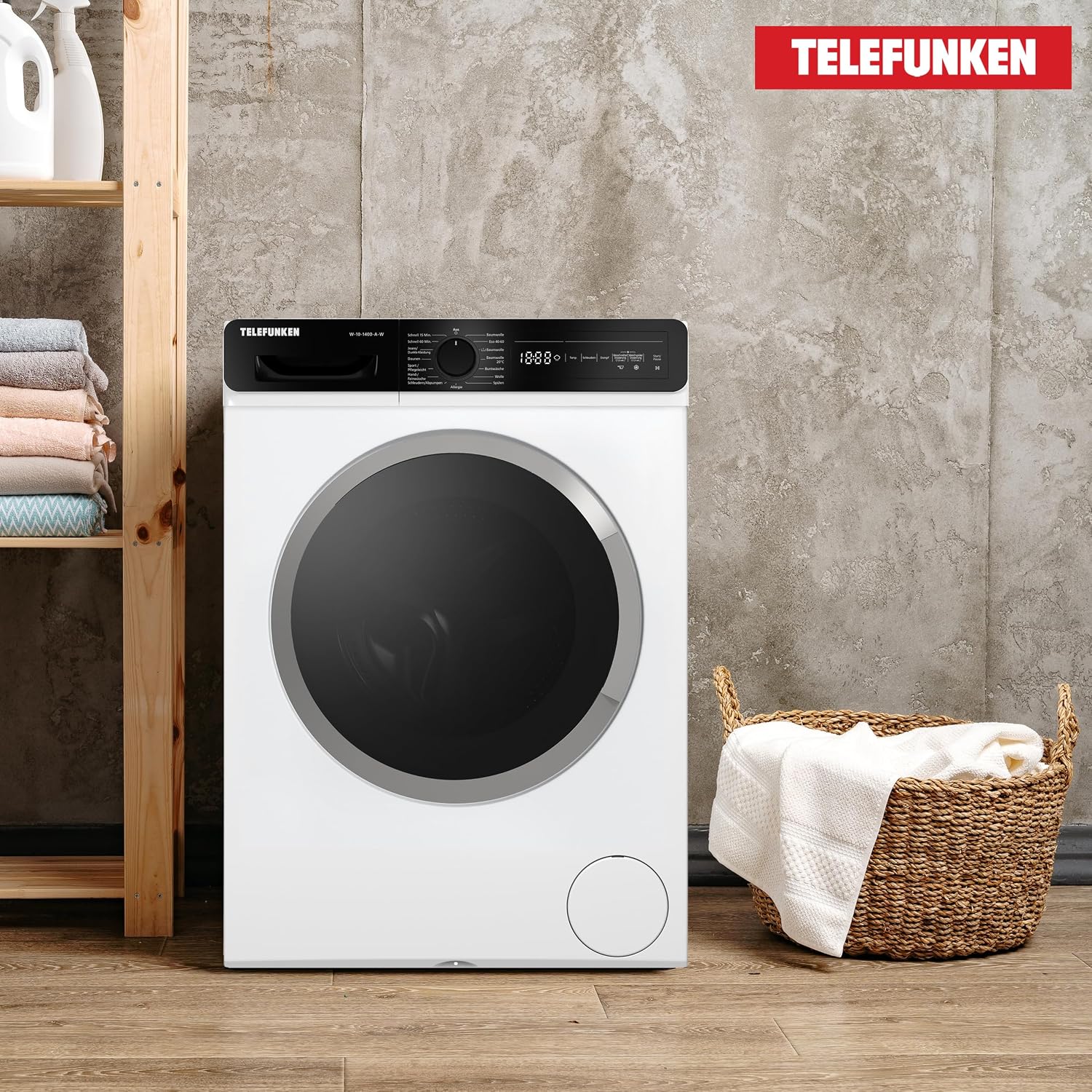 Telefunken W-10-1400-A-W washing machine in a laundry setting