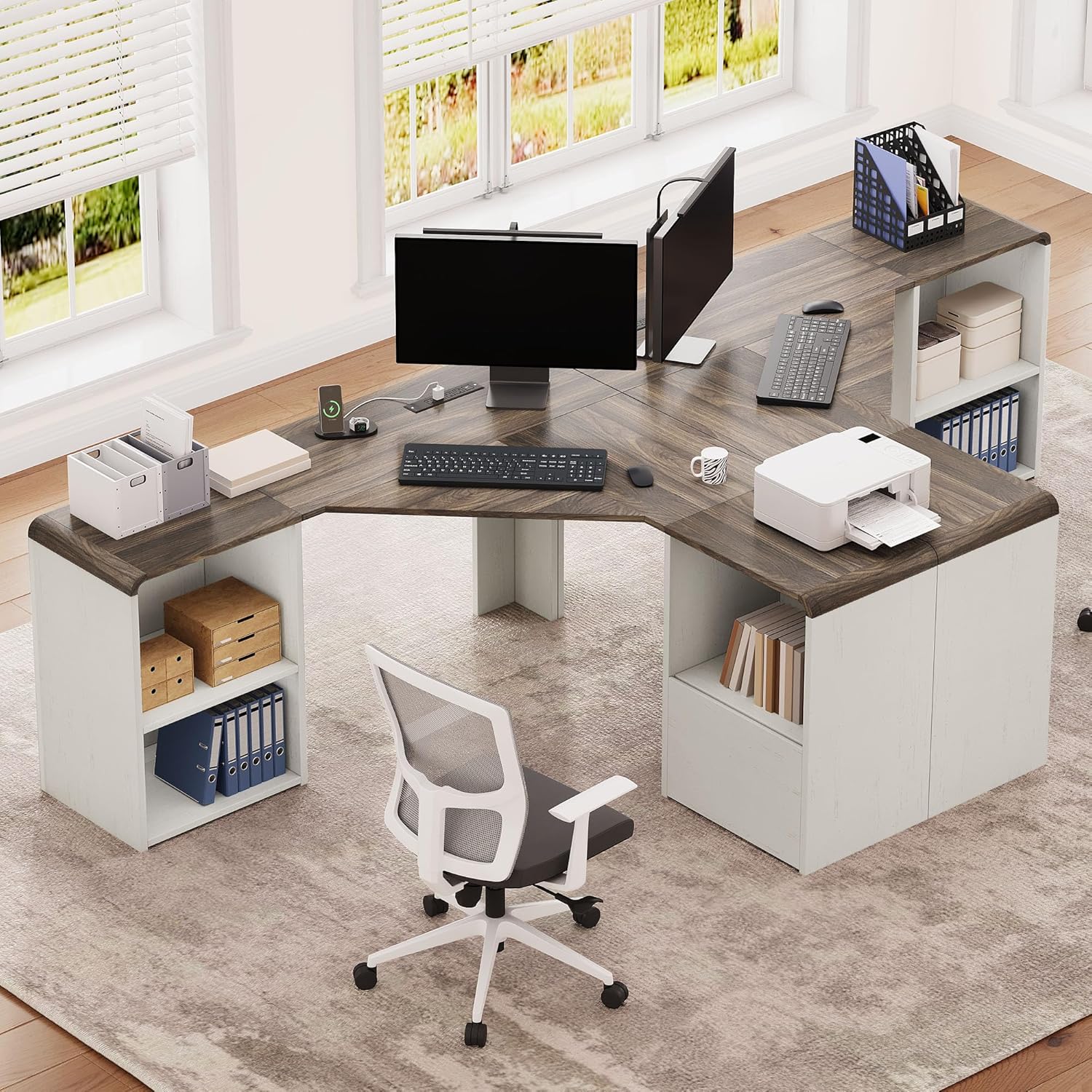 60" L Shaped Desk with File Drawer Modern Corner Computer Desk with Storage L Shape Home Office Desk Executive Desk with Power Outlets Storage Shelves File Cabinet for Working Writing White