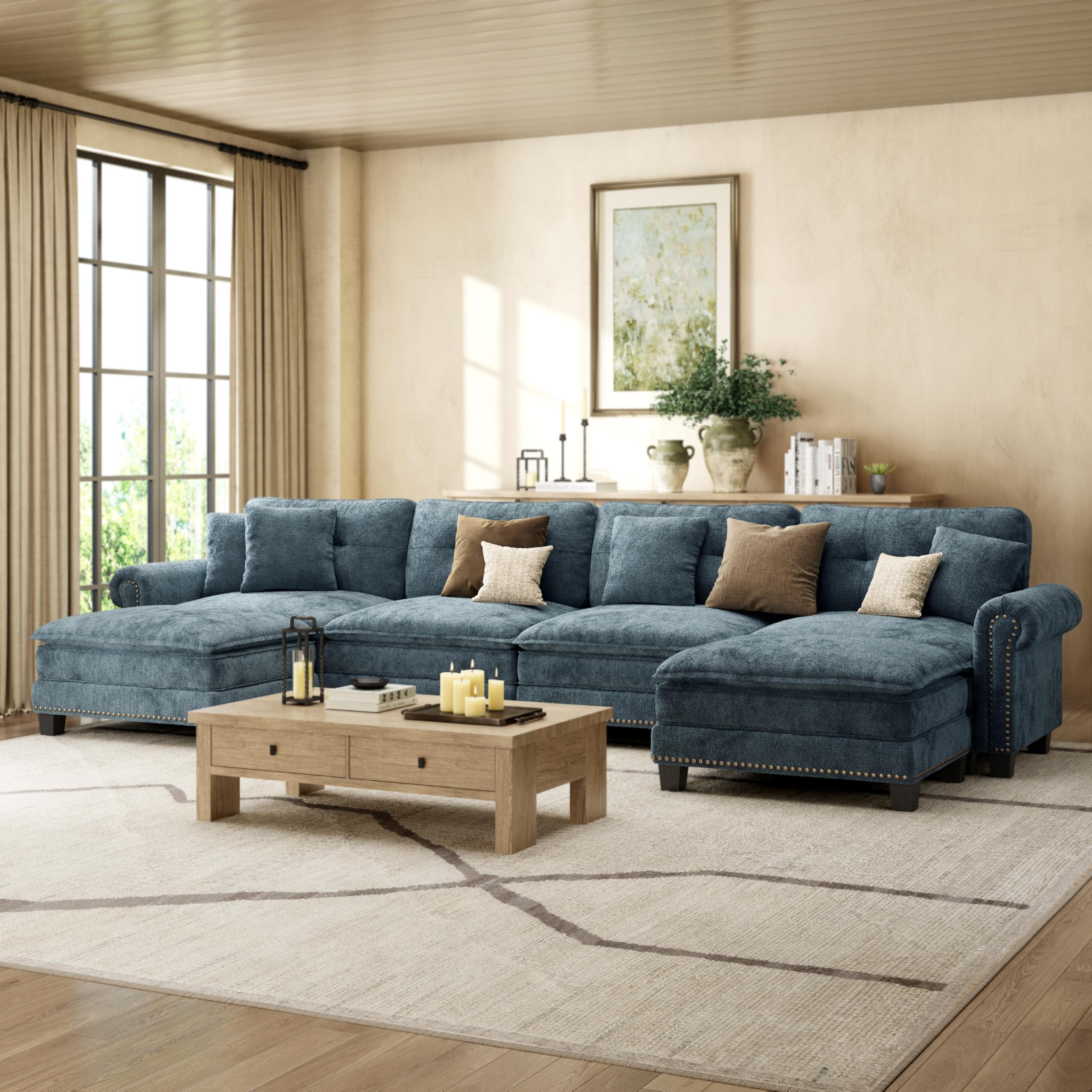 HERAS HOUSE 150 Mid-Century Modern Couch Oversized U Shaped Couches for Living Room Comfy Cloud Couch with Ottoman
