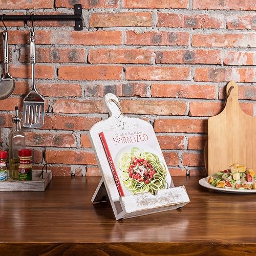 Miniatura 3 de MyGift Soporte para libro de recetas, soporte de libro de cocina estilo tabla de cortar de madera encalada, soportes de libro de madera para