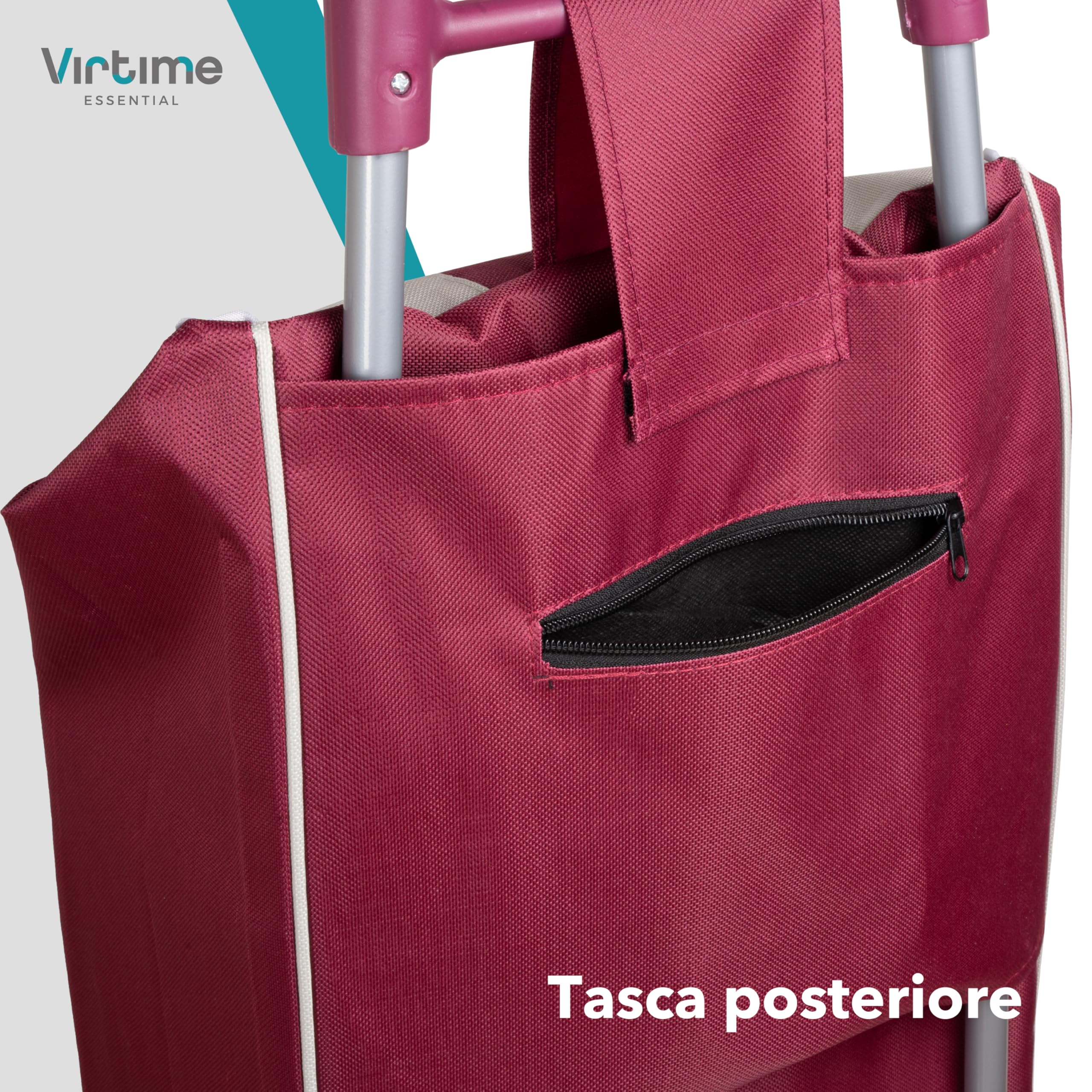 Carrello Spesa 2 Ruote – Borsa XL Impermeabile, Struttura Pieghevole in Alluminio, Leggero e Robusto – 4 Colori (Bordeaux)