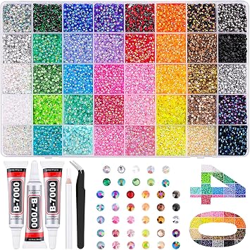 Bedazzling Kit 40000Pcs 40 Colors Flatback Rhinestones with B7000 Glue & Storage Case 3mm Resin Jelly Gems for DIY Crafts, Fabric, Jeans, Shoes, Phone Case, Nail Art Includes Wax Pencil & Tweezers