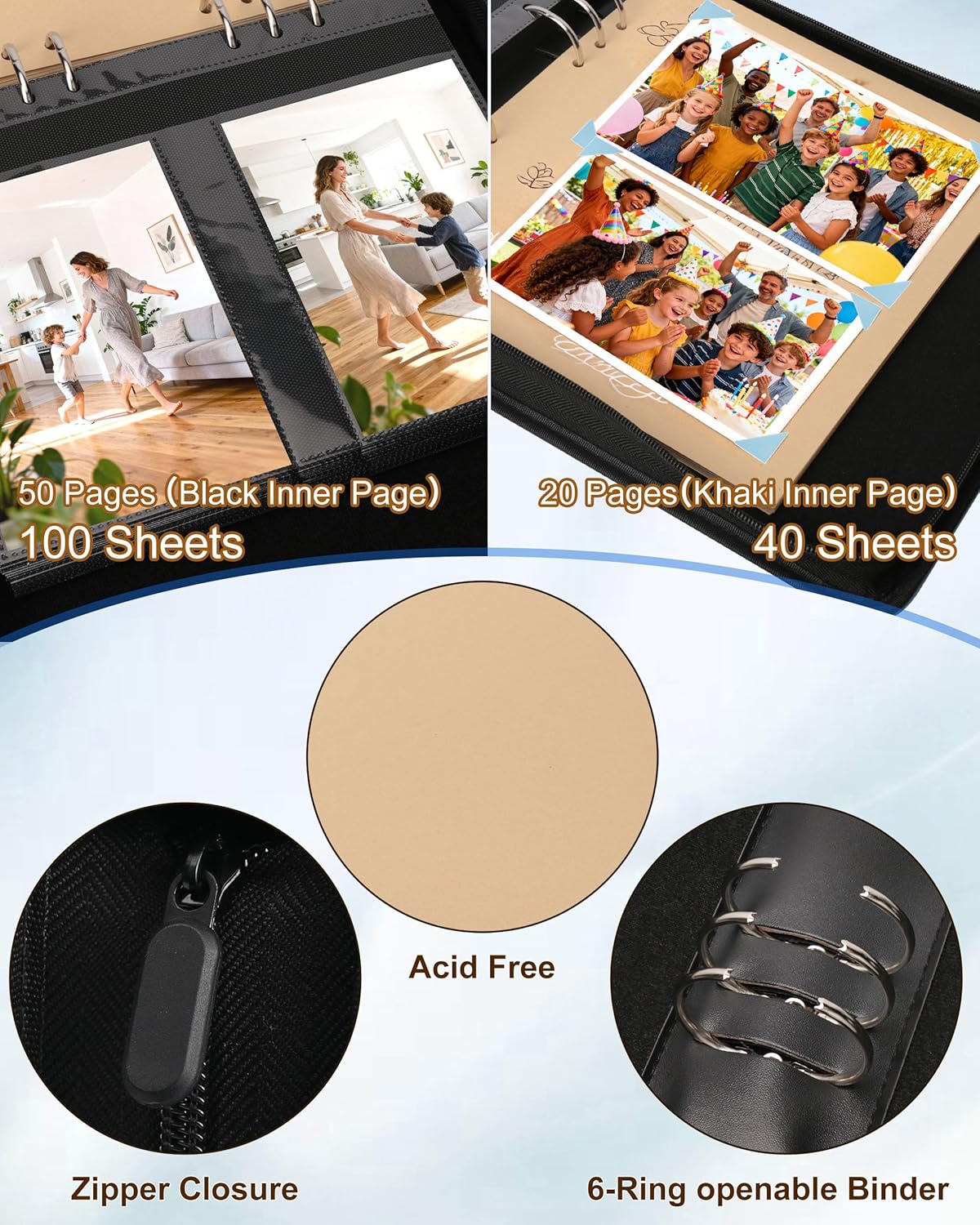 Leather Photo Album 4x6 200 Photos,Zipper Closure Photo Album Book with 50 Pages and 20 Blank Scrapbook Papers, Travel Souvenir Diary Photo Book for Family Wedding Baby and Holiday Pictures