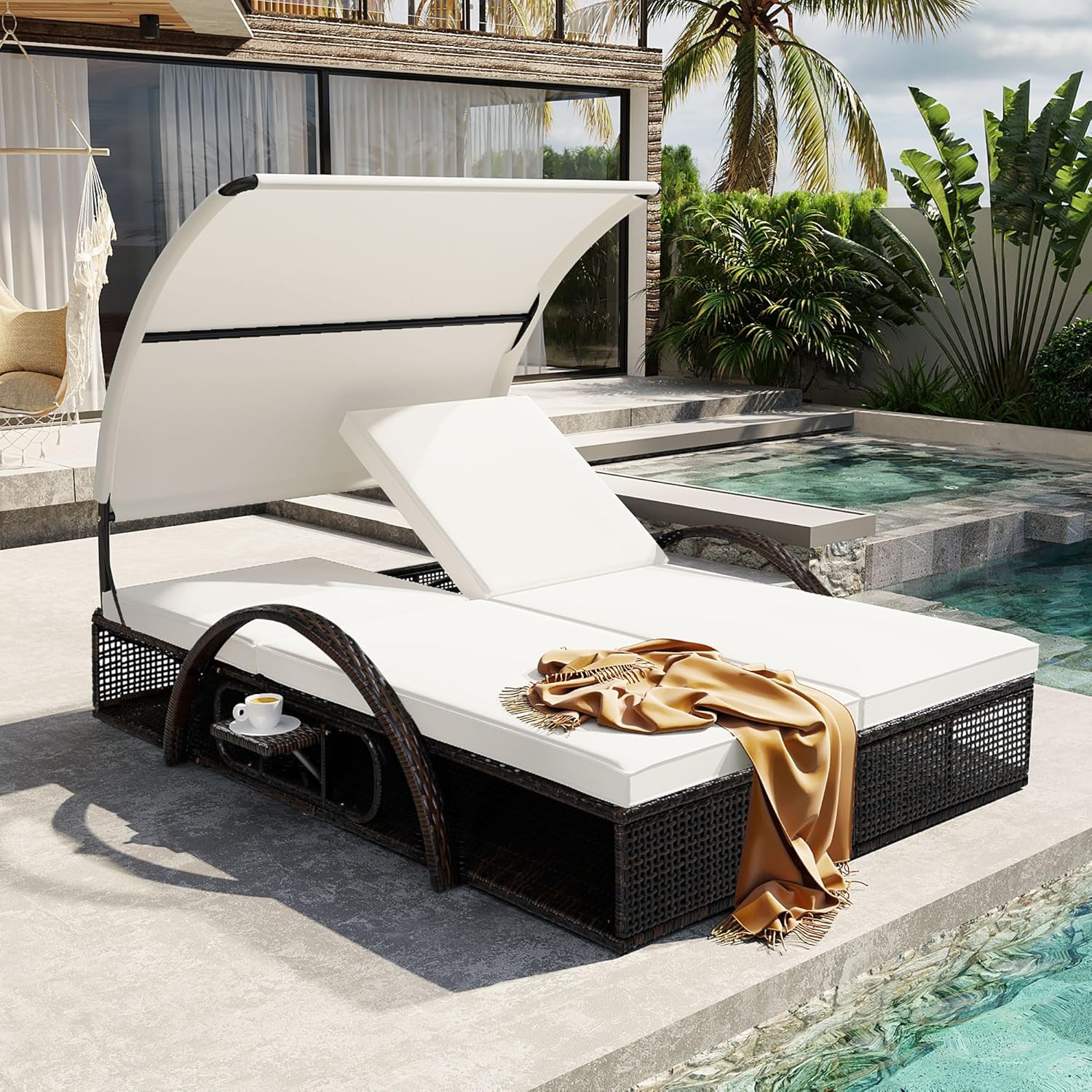 Outdoor Daybed with Curved Canopy, Patio Sunbed Lounger with Adjustable Backrest and Removable Cushion, Outdoor Loveseat Sofa with Hidden Side Table and Arched Armrests for Poolside, Beige