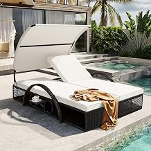 Double Chaise Lounge Outdoor, Steel Frame Sun Loungers with Sunshade & Adjustable Backrest, Outdoor Lounge Chairs with Hidden Side Table & Armrests for Patio, Pool, Garden, Backyard, Beige
