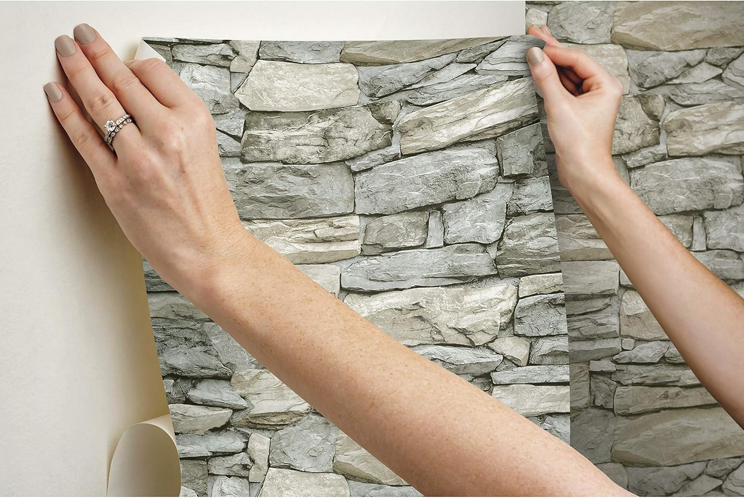RoomMates RMK11962WP Gray and Taupe Stone Peel and Stick Wallpaper, Roll, Taupe