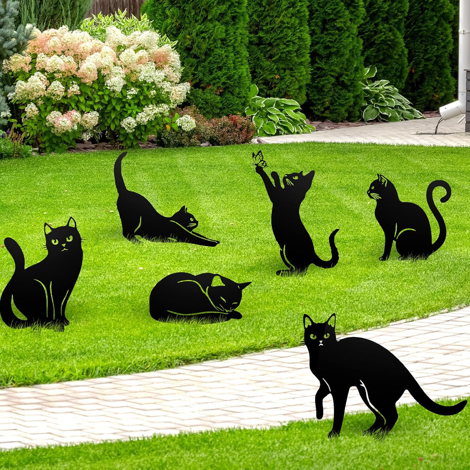 Tandefio 6 Pack Black Cat Silhouette Cute Metal Cat Garden Statues Bird Repellent Decorative Garden Stakes for Yard, Lawn Outdoor Decorations(Large)