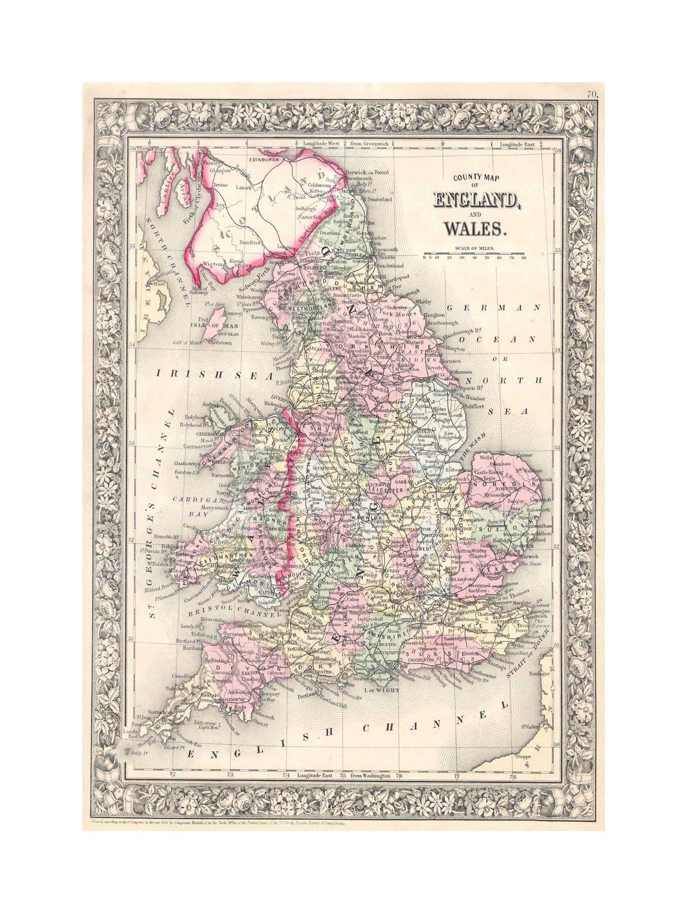 Wee Blue Coo Map 1864 Mitchell England Wales Vintage Wall Art Print