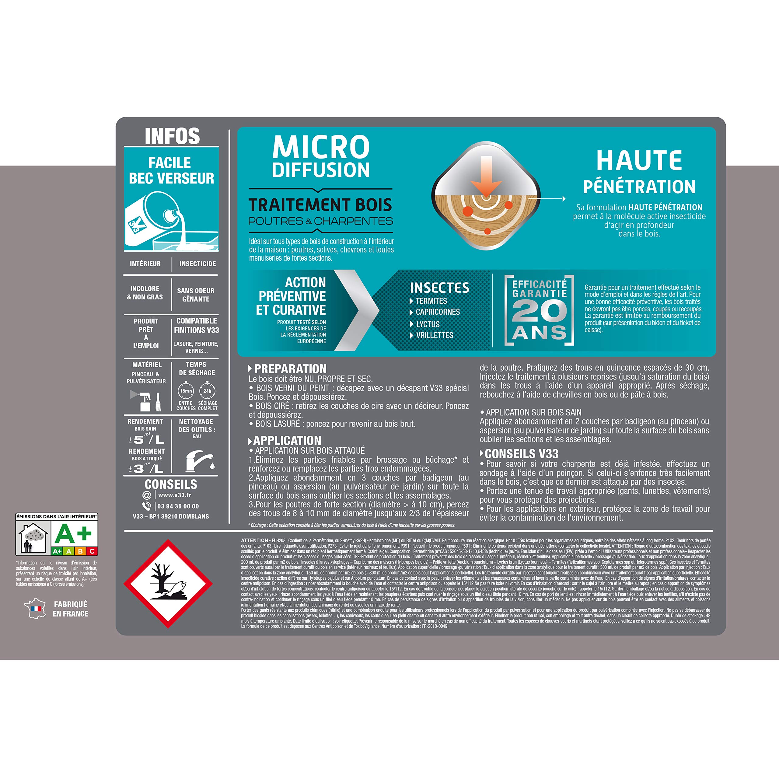 V33 Traitement bois poutres & charpentes, Incolore 5L